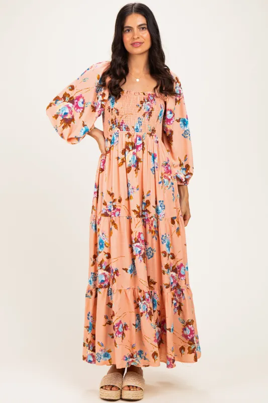 Peach Floral Long Sleeve Smocked Top Tiered Maxi Dress made by Pinkblush