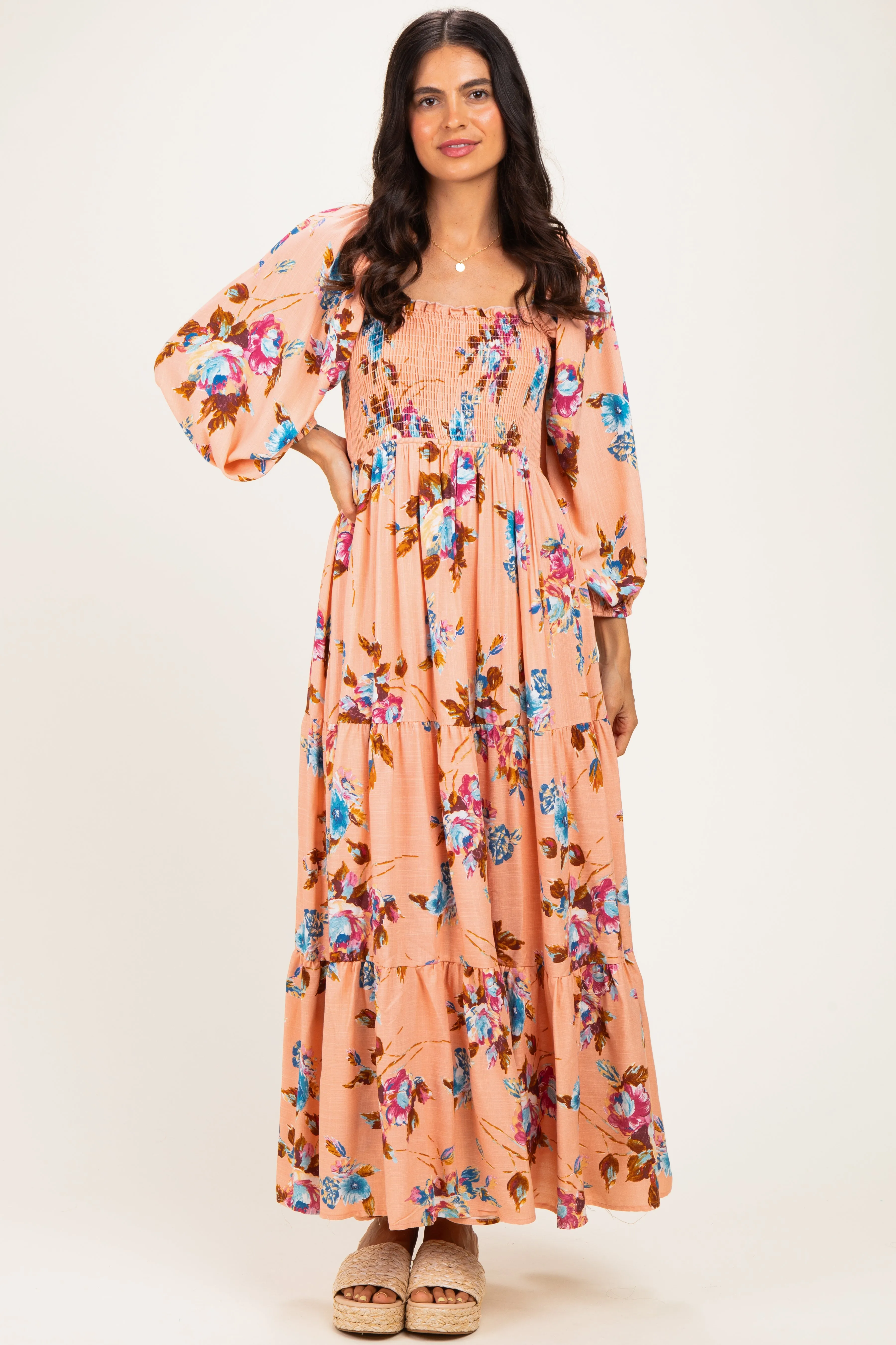 Peach Floral Long Sleeve Smocked Top Tiered Maxi Dress sold by Pinkblush
