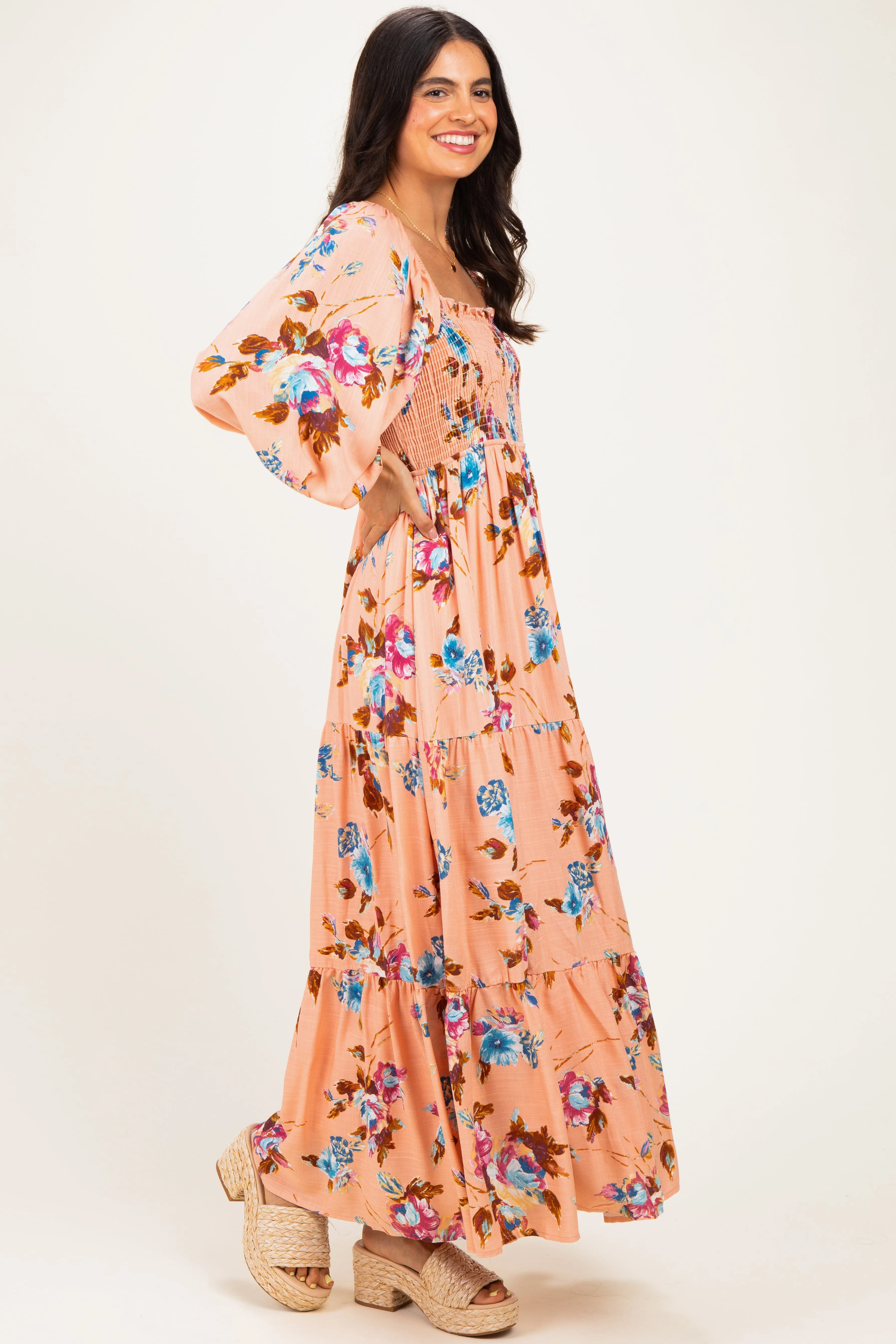 Peach Floral Long Sleeve Smocked Top Tiered Maxi Dress sold by Pinkblush product image thumbnail 2