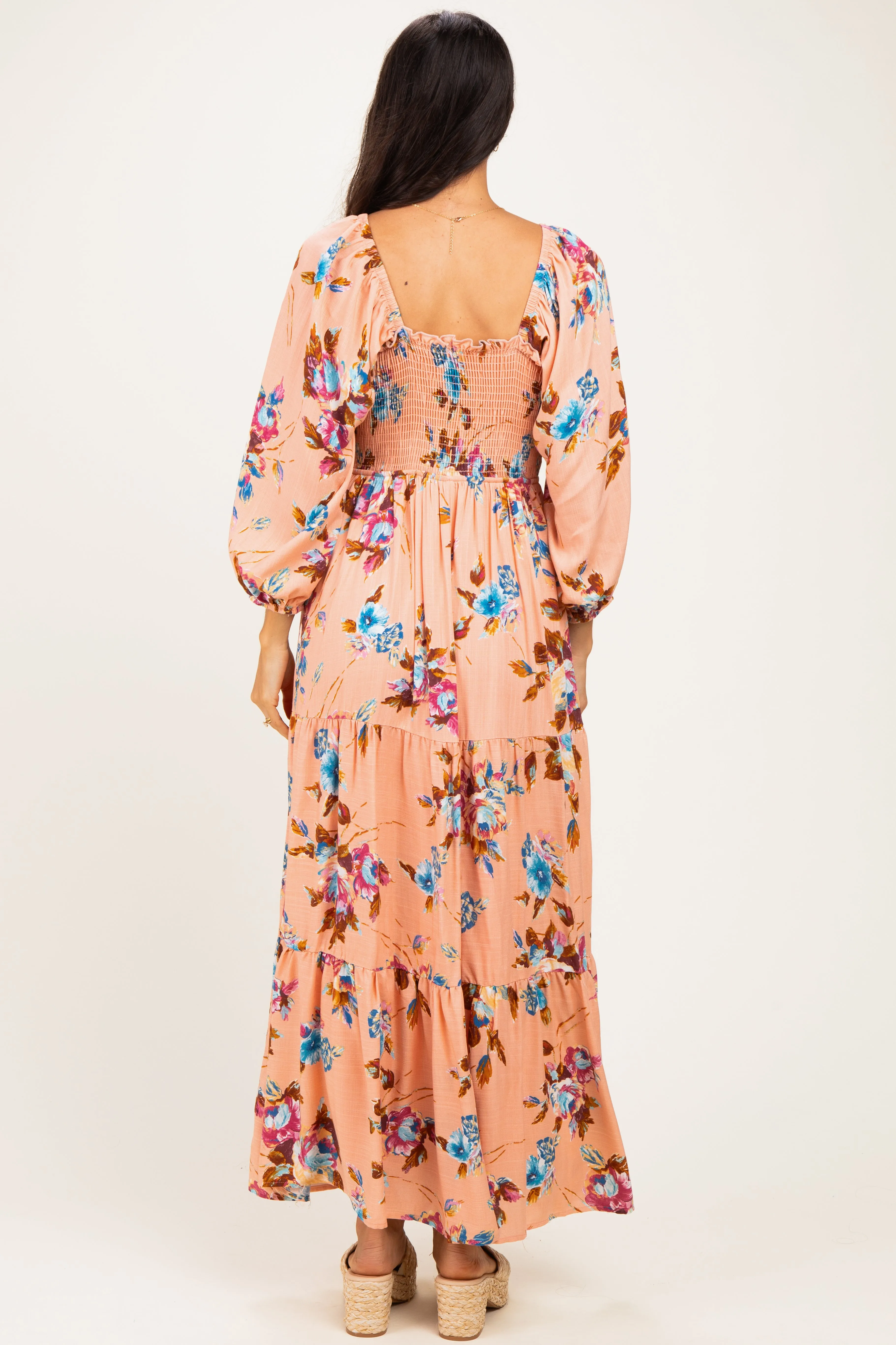 Peach Floral Long Sleeve Smocked Top Tiered Maxi Dress sold by Pinkblush product image thumbnail 3