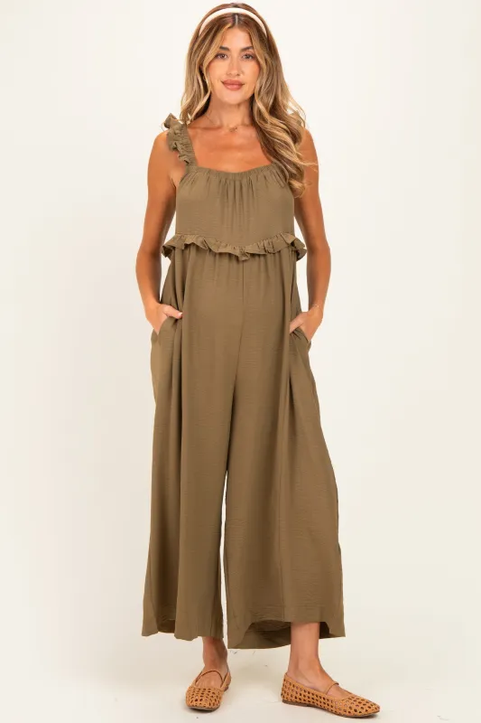 Olive Ruffle Strap Maternity Wide Leg Jumpsuit made by Pinkblush