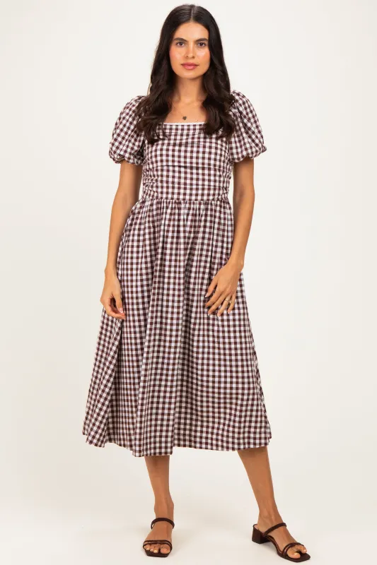 Brown Gingham Lace Trim Puff Sleeve Midi Dress made by So Me