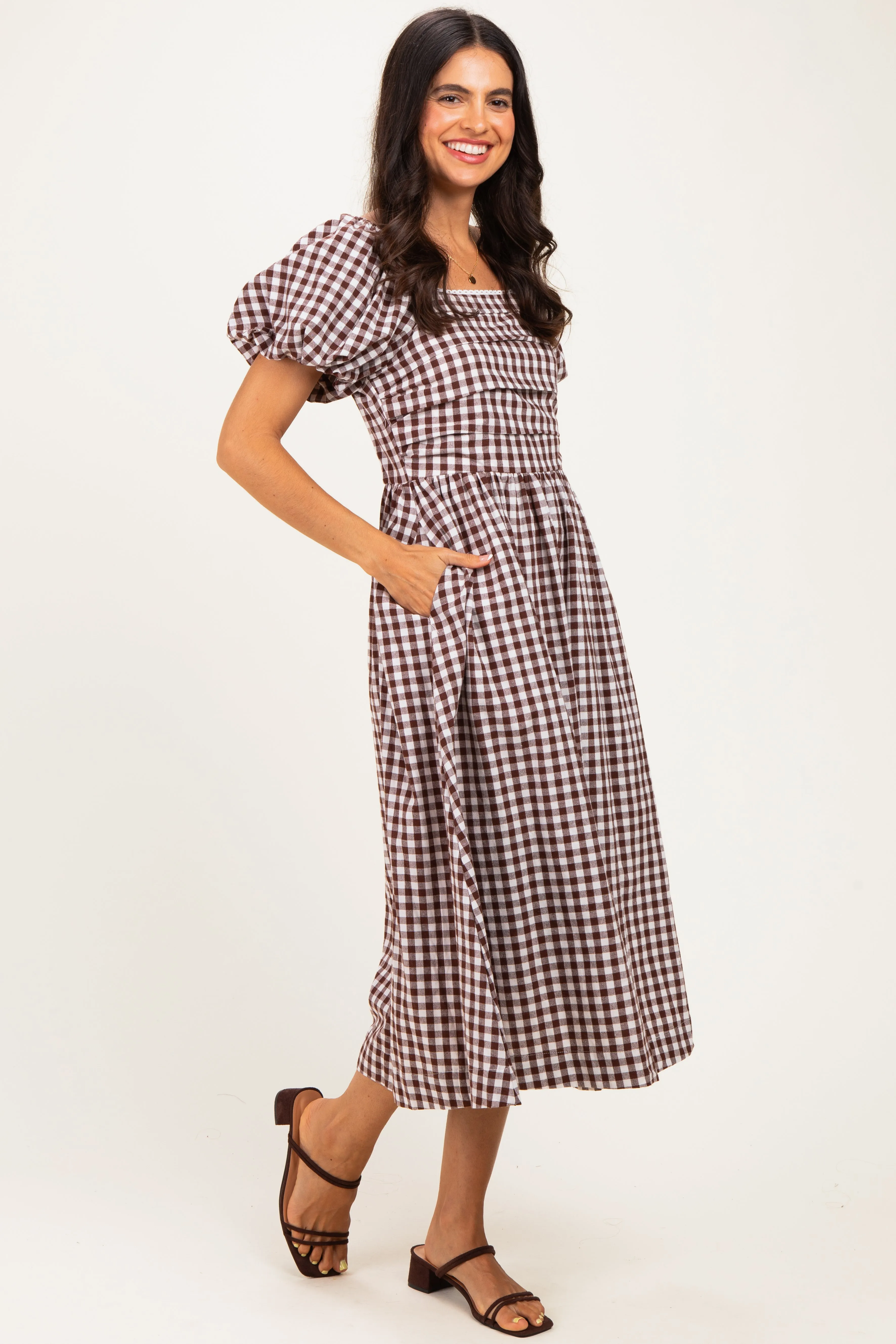 Brown Gingham Lace Trim Puff Sleeve Midi Dress sold by Pinkblush product image thumbnail 2