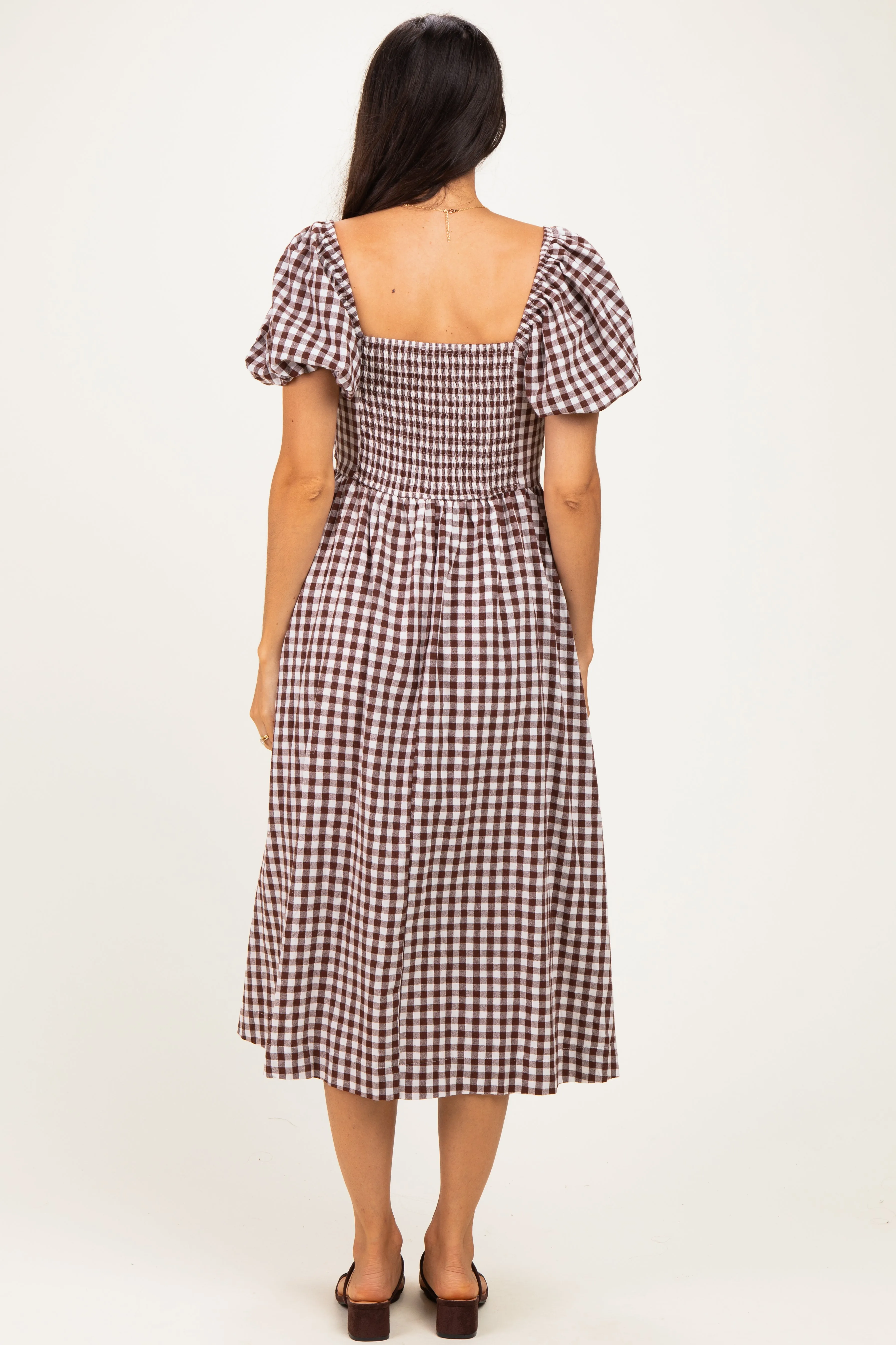 Brown Gingham Lace Trim Puff Sleeve Midi Dress sold by Pinkblush product image thumbnail 3