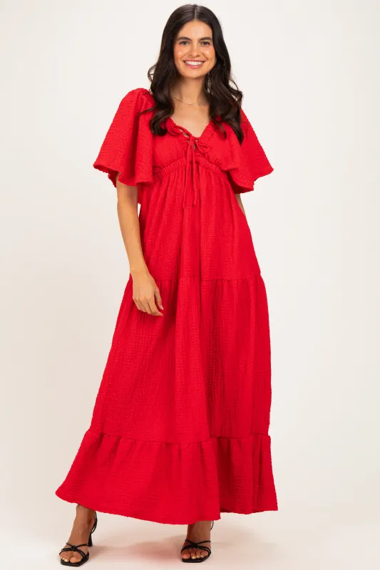 Red Textured Flutter Sleeve V-Neck Tiered Maxi Dress made by Pinkblush