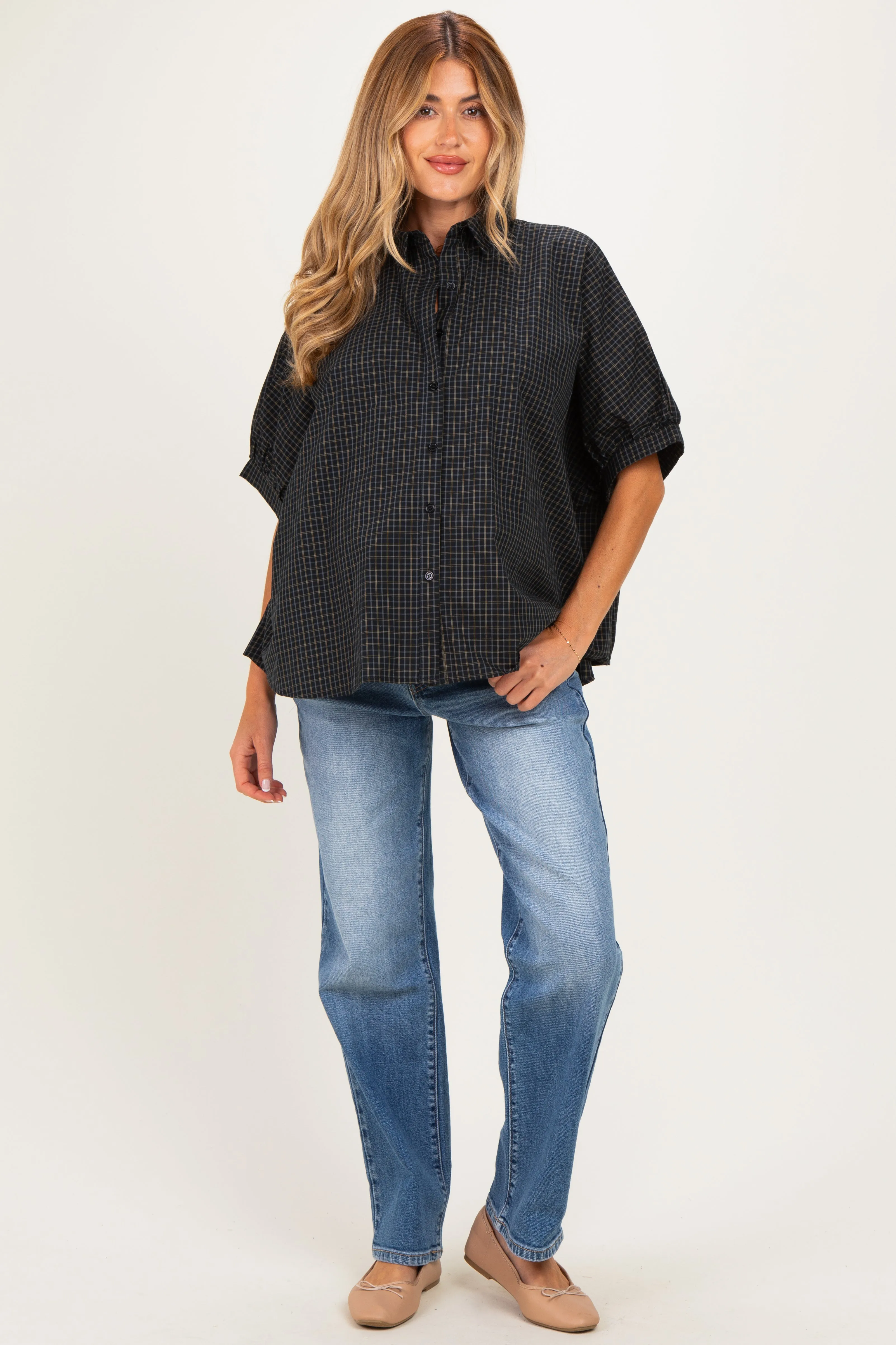 Midnight Oversized Check Plaid Maternity Button Down Shirt sold by Pinkblush product image thumbnail 2