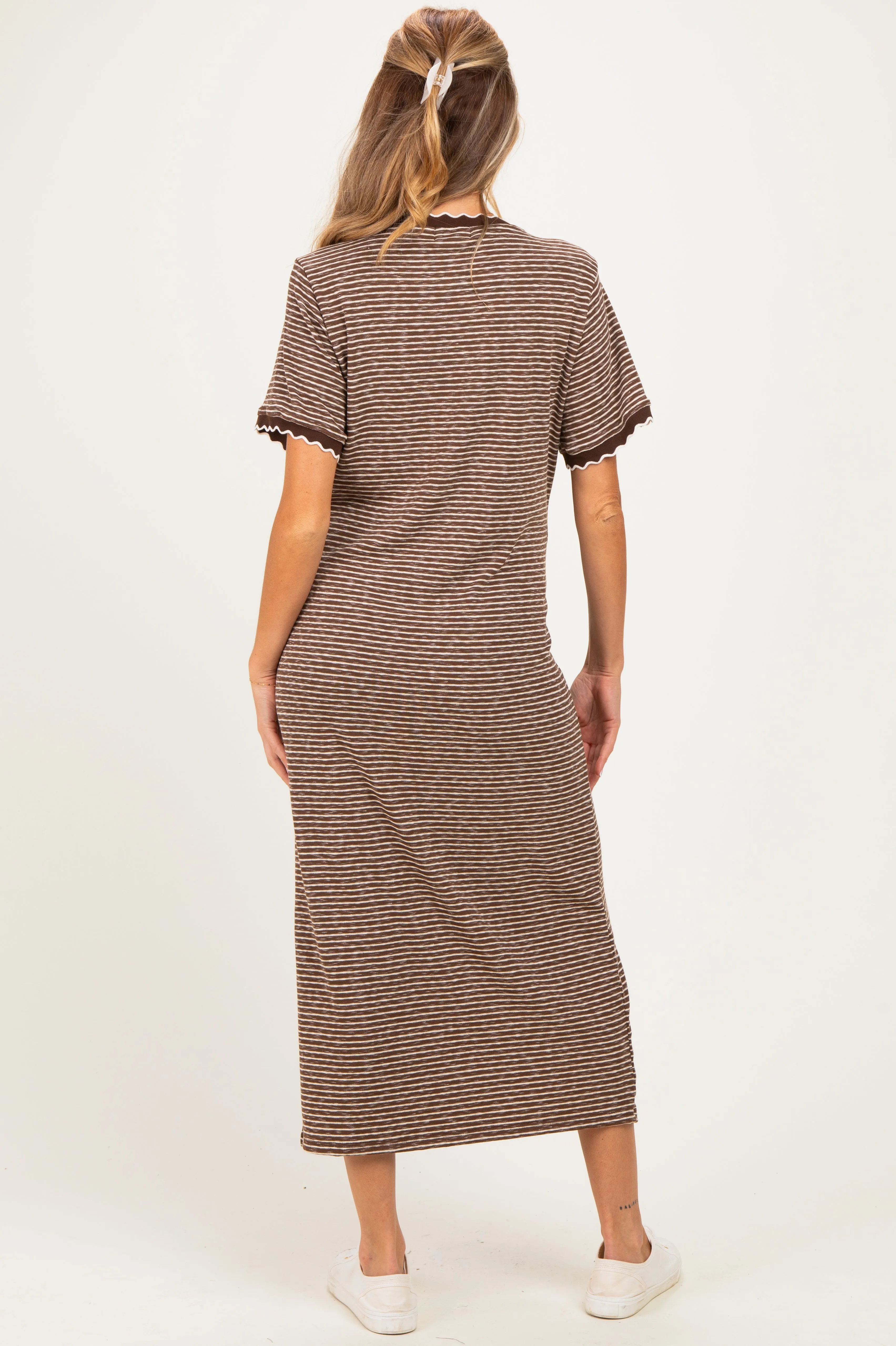 Mocha Striped Knit Scallop Accent Maternity Maxi Dress sold by Pinkblush product image thumbnail 2