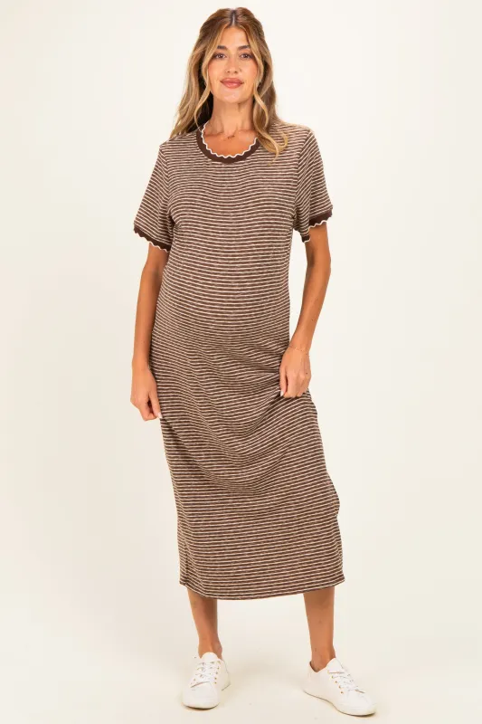 Mocha Striped Knit Scallop Accent Maternity Maxi Dress made by Polagram