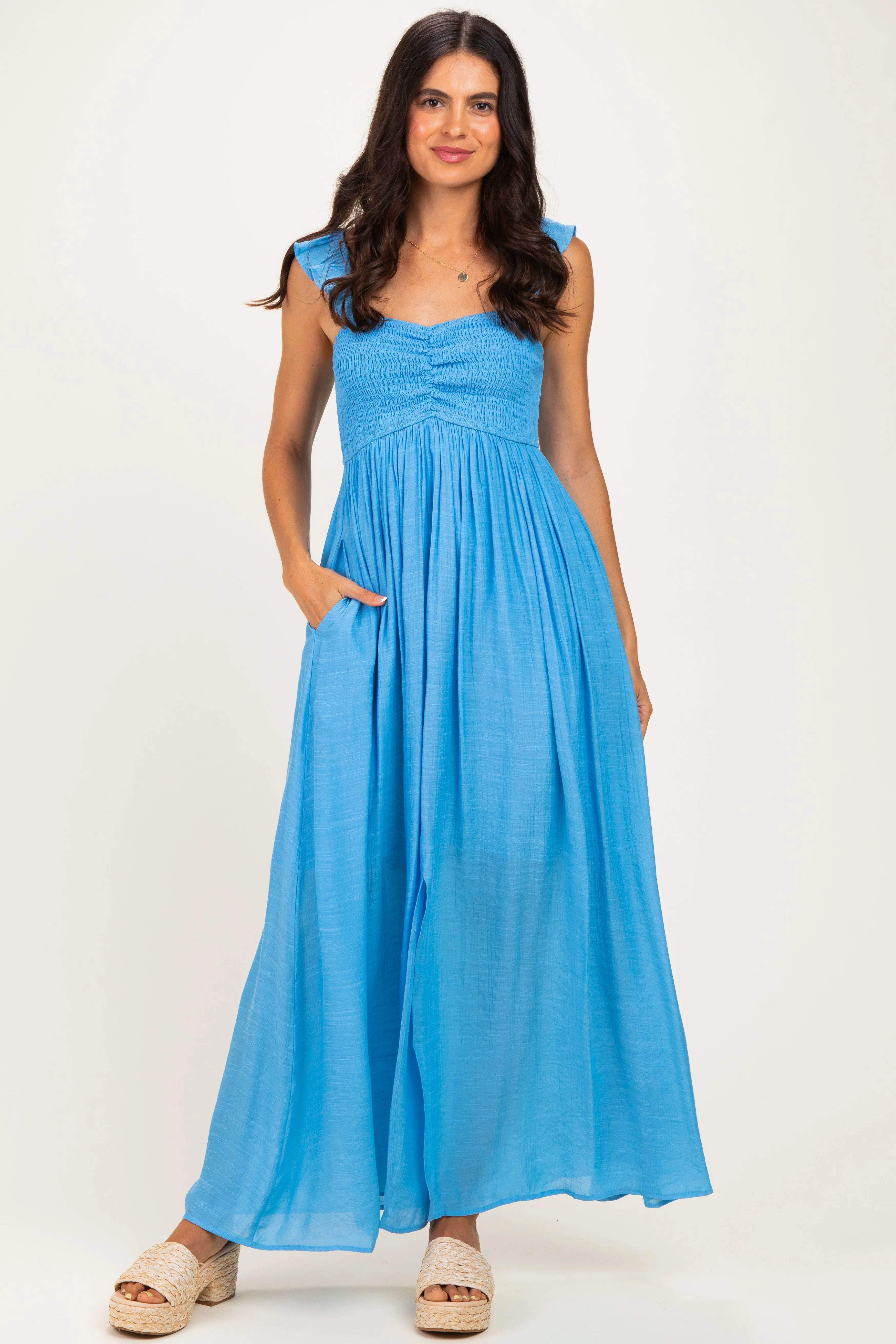 Blue Cinched Smocked Bust Sleeveless Maxi Dress sold by Pinkblush product image thumbnail 2