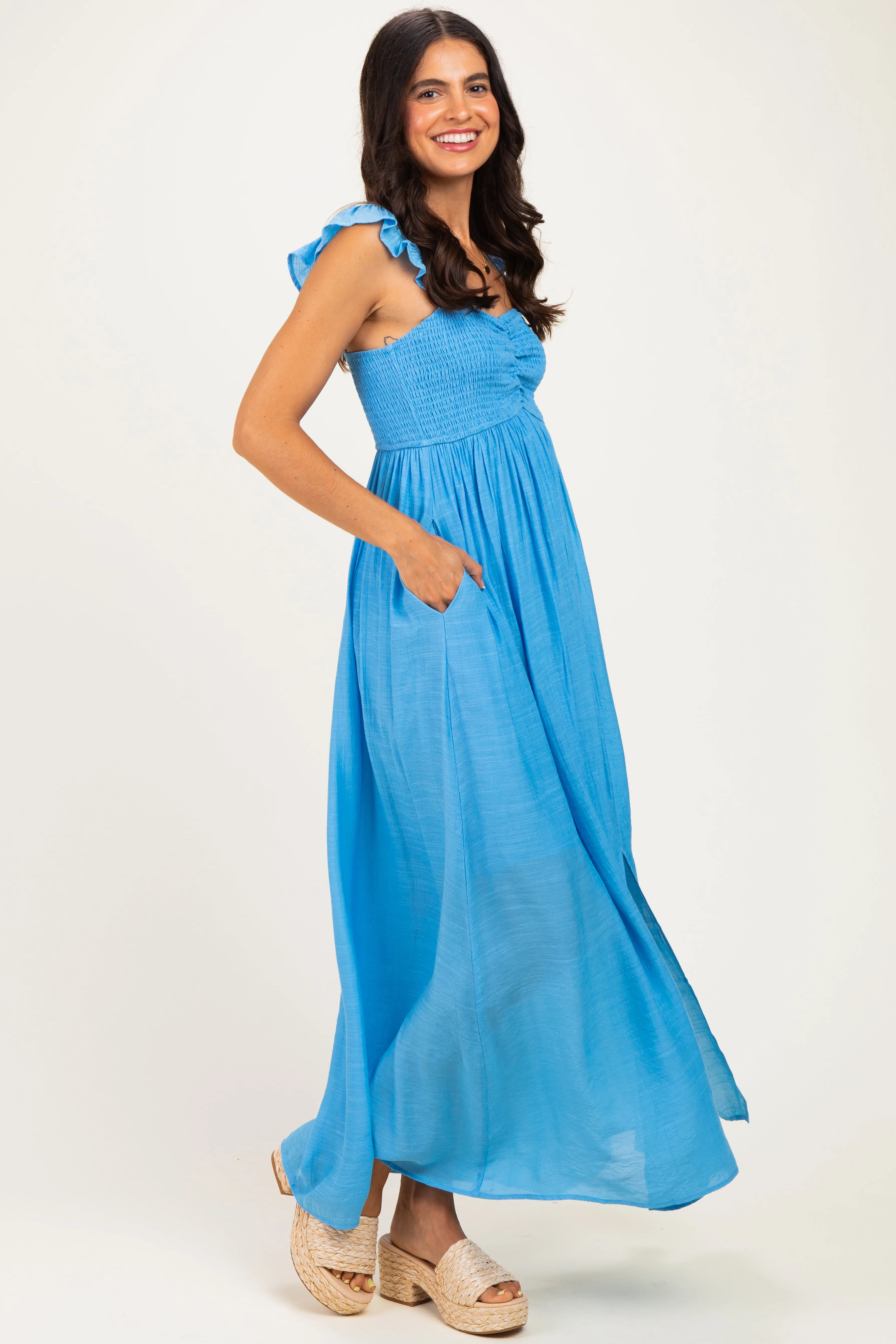 Blue Cinched Smocked Bust Sleeveless Maxi Dress sold by Pinkblush product image thumbnail 3