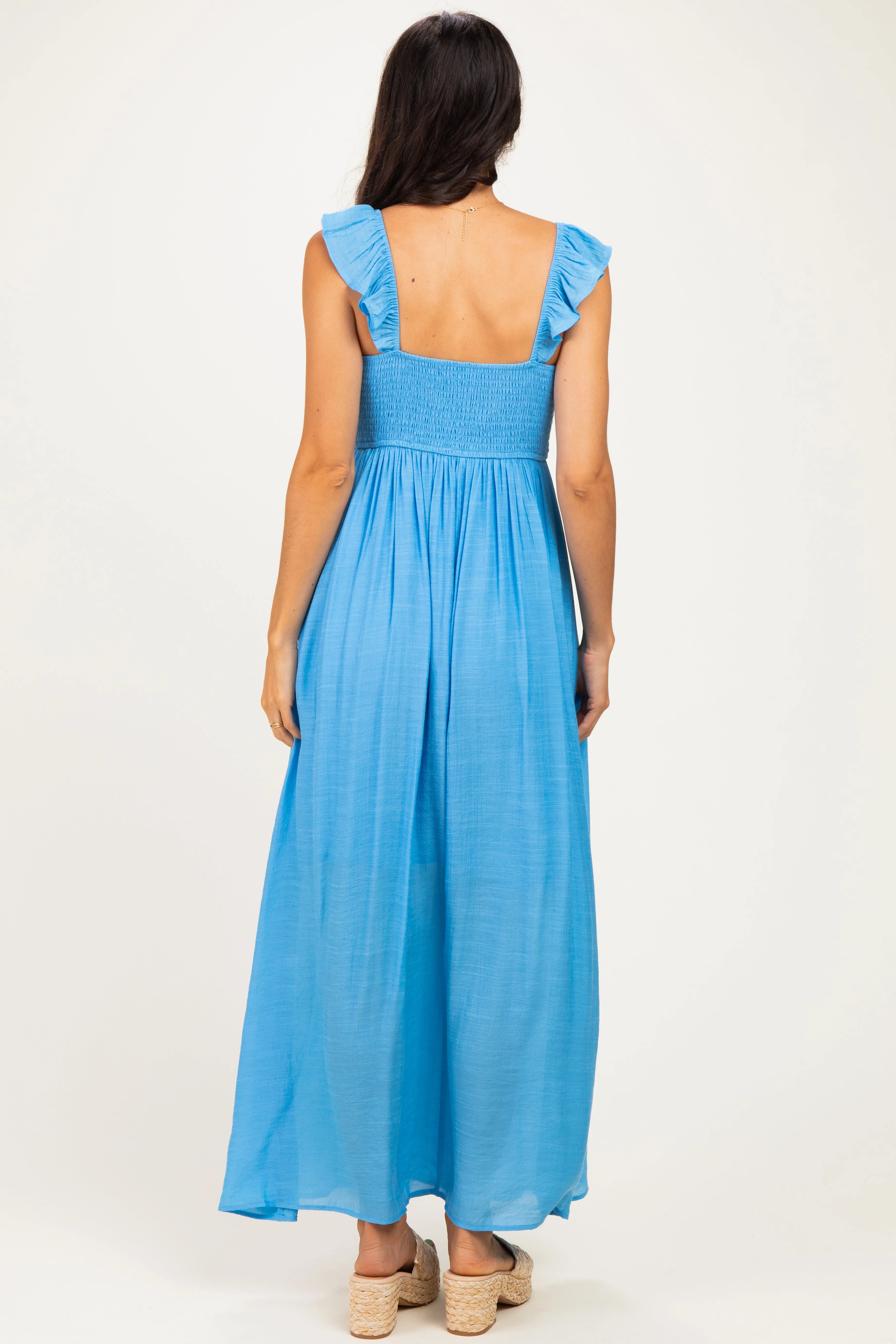Blue Cinched Smocked Bust Sleeveless Maxi Dress sold by Pinkblush product image thumbnail 4