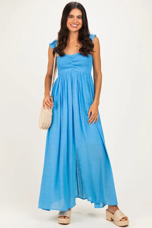 Blue Cinched Smocked Bust Sleeveless Maxi Dress made by Wishlist
