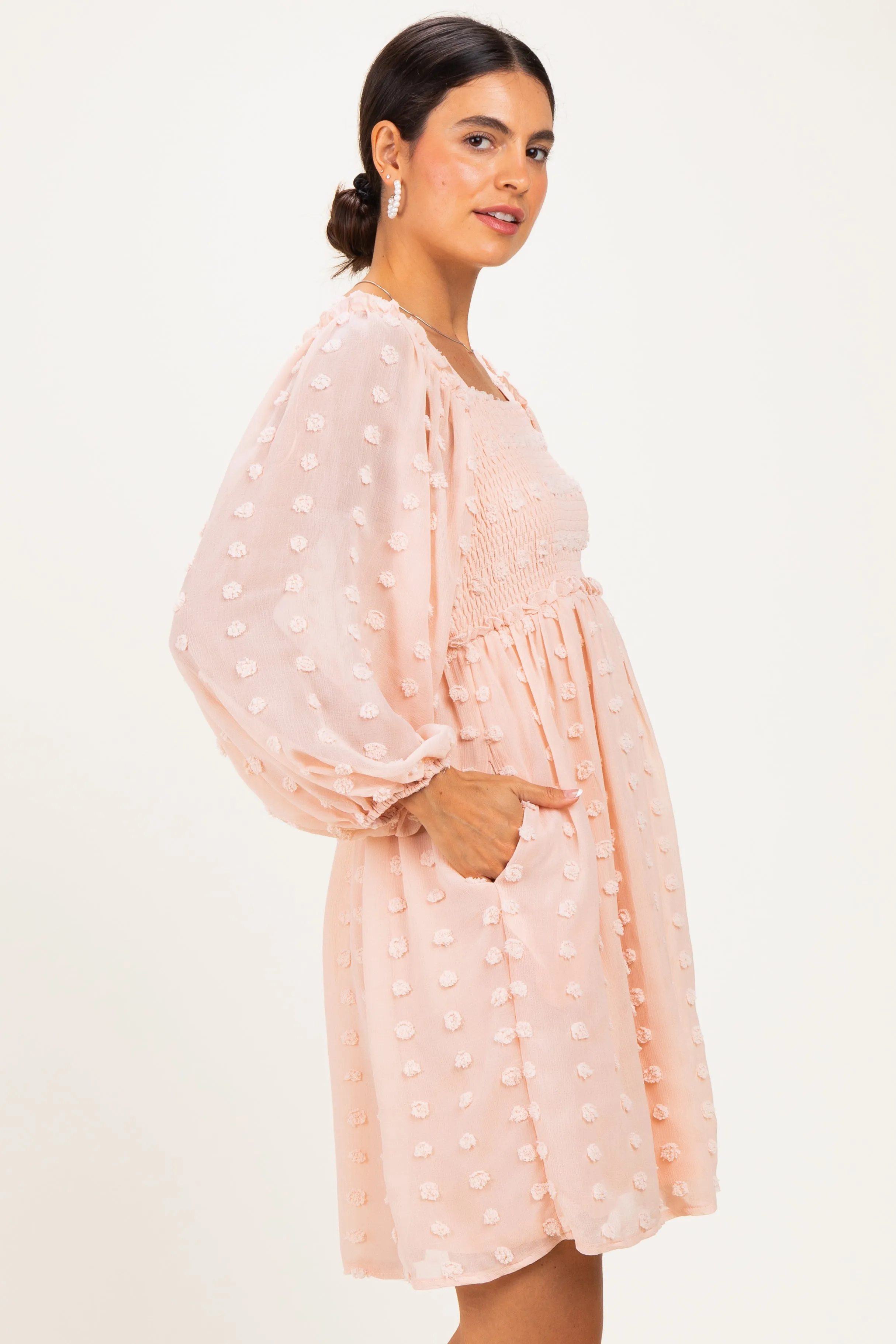 Peach Textured Dot Smocked Square Neck Chiffon Dress sold by Pinkblush product image thumbnail 3