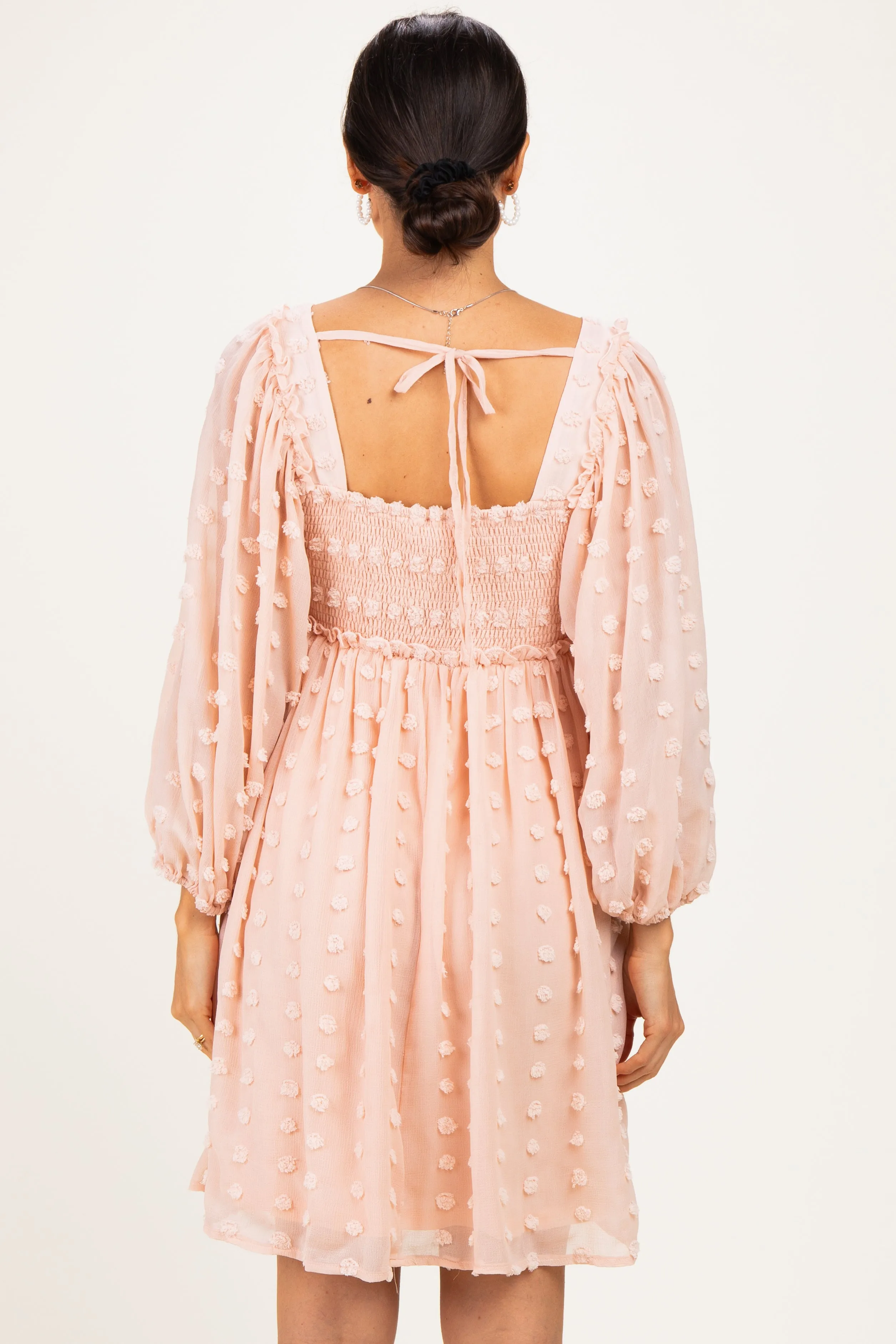 Peach Textured Dot Smocked Square Neck Chiffon Dress sold by Pinkblush product image thumbnail 4