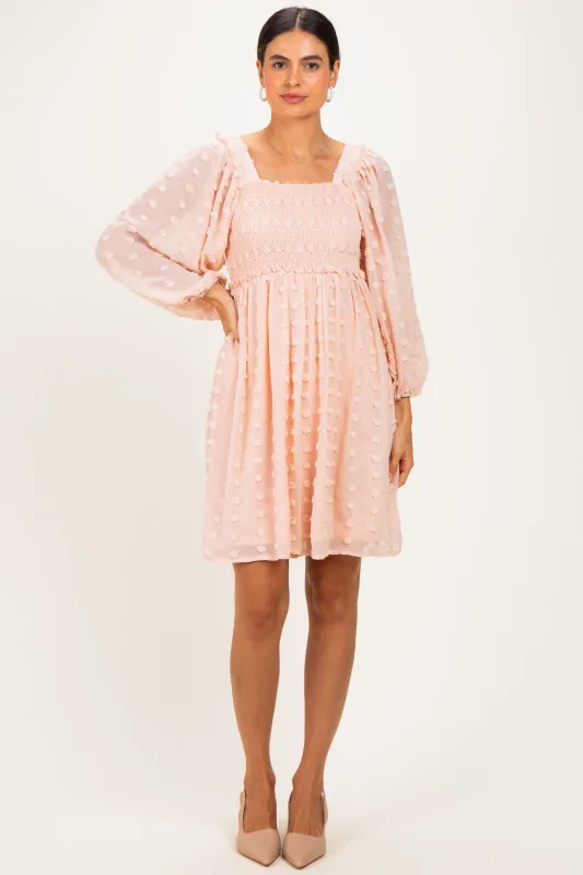 Peach Textured Dot Smocked Square Neck Chiffon Dress made by Pinkblush
