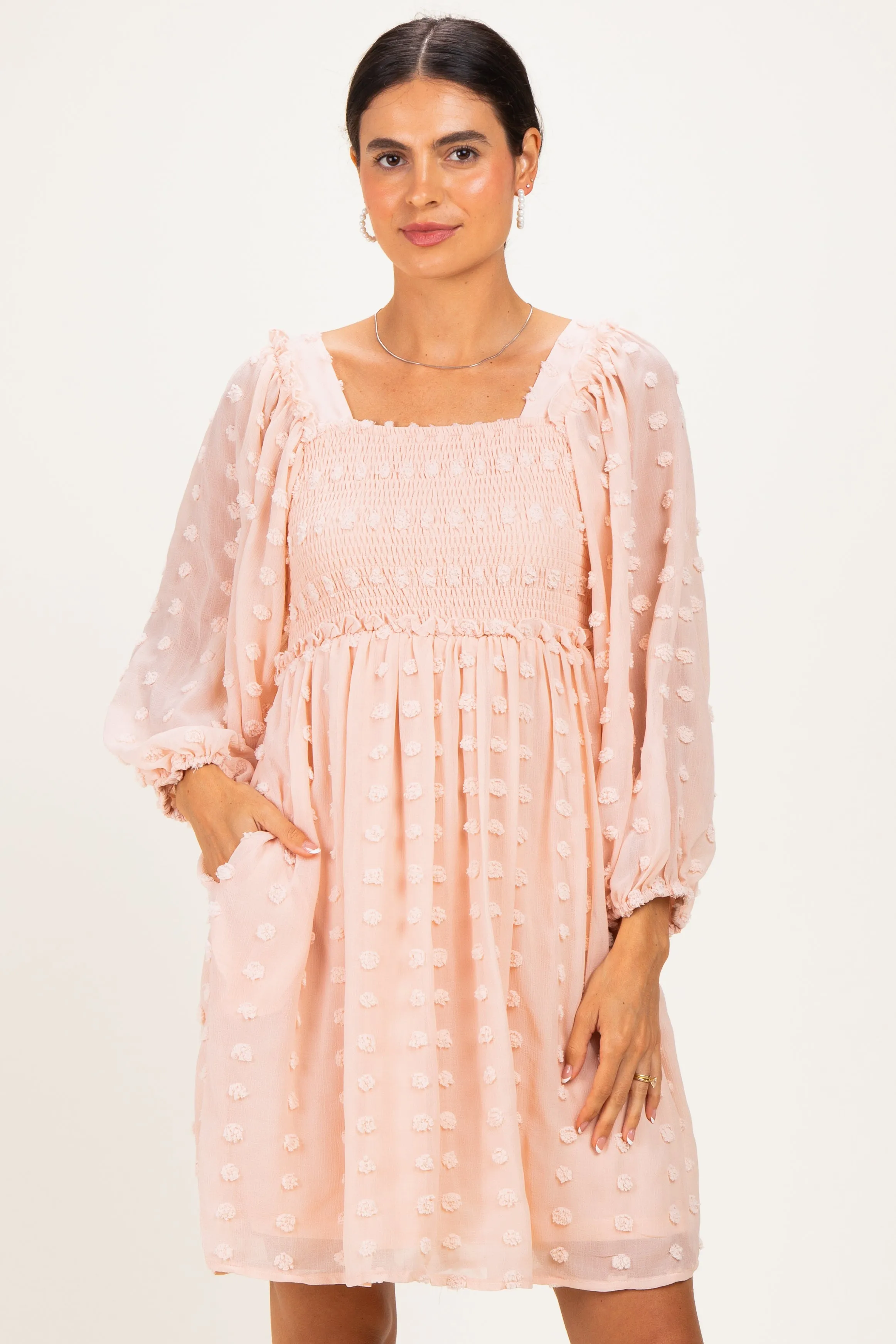Peach Textured Dot Smocked Square Neck Chiffon Dress sold by Pinkblush product image thumbnail 2