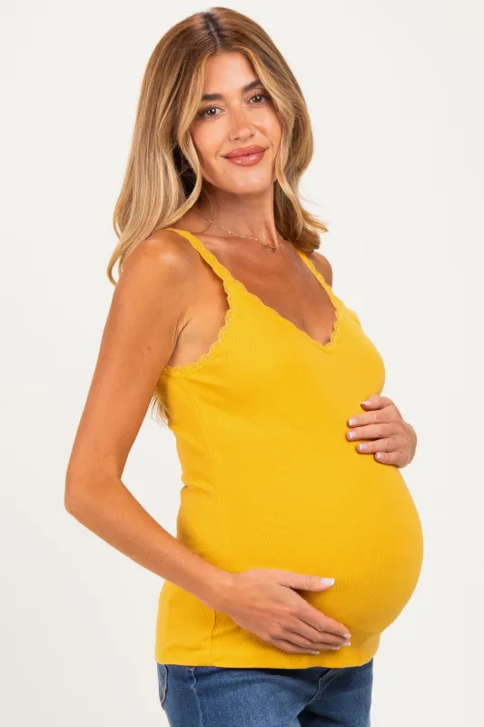 Mustard Lace Trim Detail Ribbed Maternity Knit Tank Top made by Pinkblush