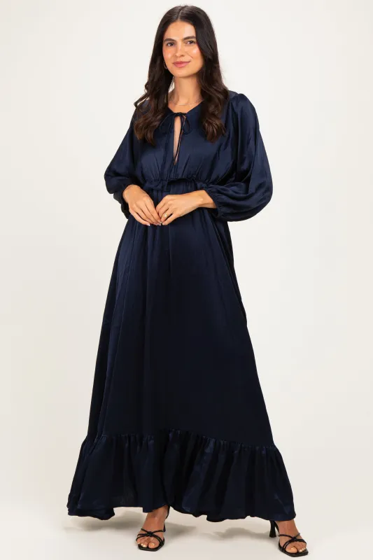 Navy Solid Satin Long Sleeve Open V-Neck Ruffle Waist Tiered Maxi Dress made by Pinkblush