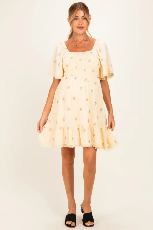 Beige Floral Embroidered Smocked Maternity Dress made by Jnna