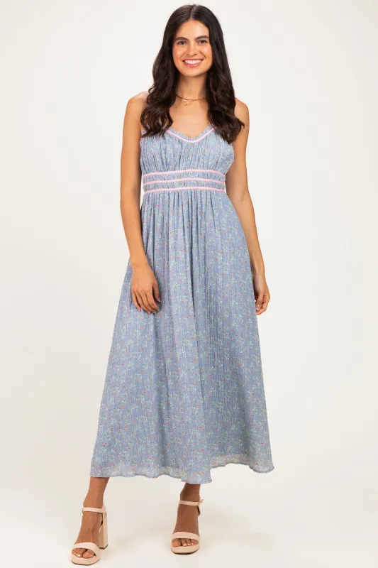 Light Blue Floral Contrast Trim Sleeveless Maxi Dress made by Wishlist