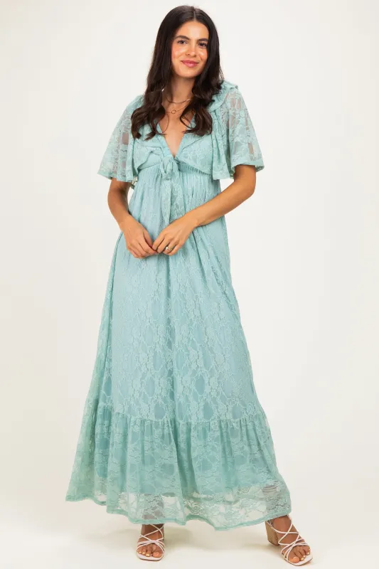 Sage Aqua Lace Flutter Sleeve Tiered Maxi Dress made by Pinkblush