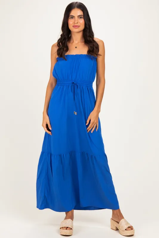 Capri Blue Strapless Cinched Waist Tie Maxi Dress made by Naked Zebra