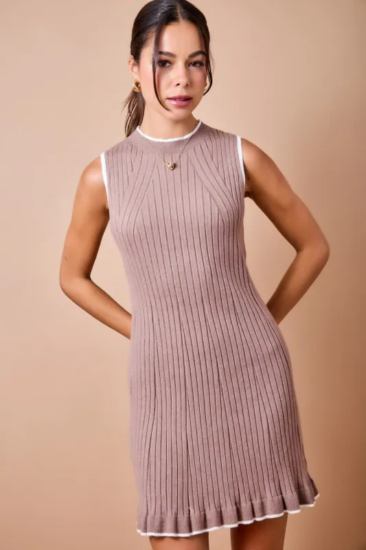 Cocoa Sleeveless Ribbed Knit Fit Mini Dress W/ Ruffle Hem made by Day + Moon
