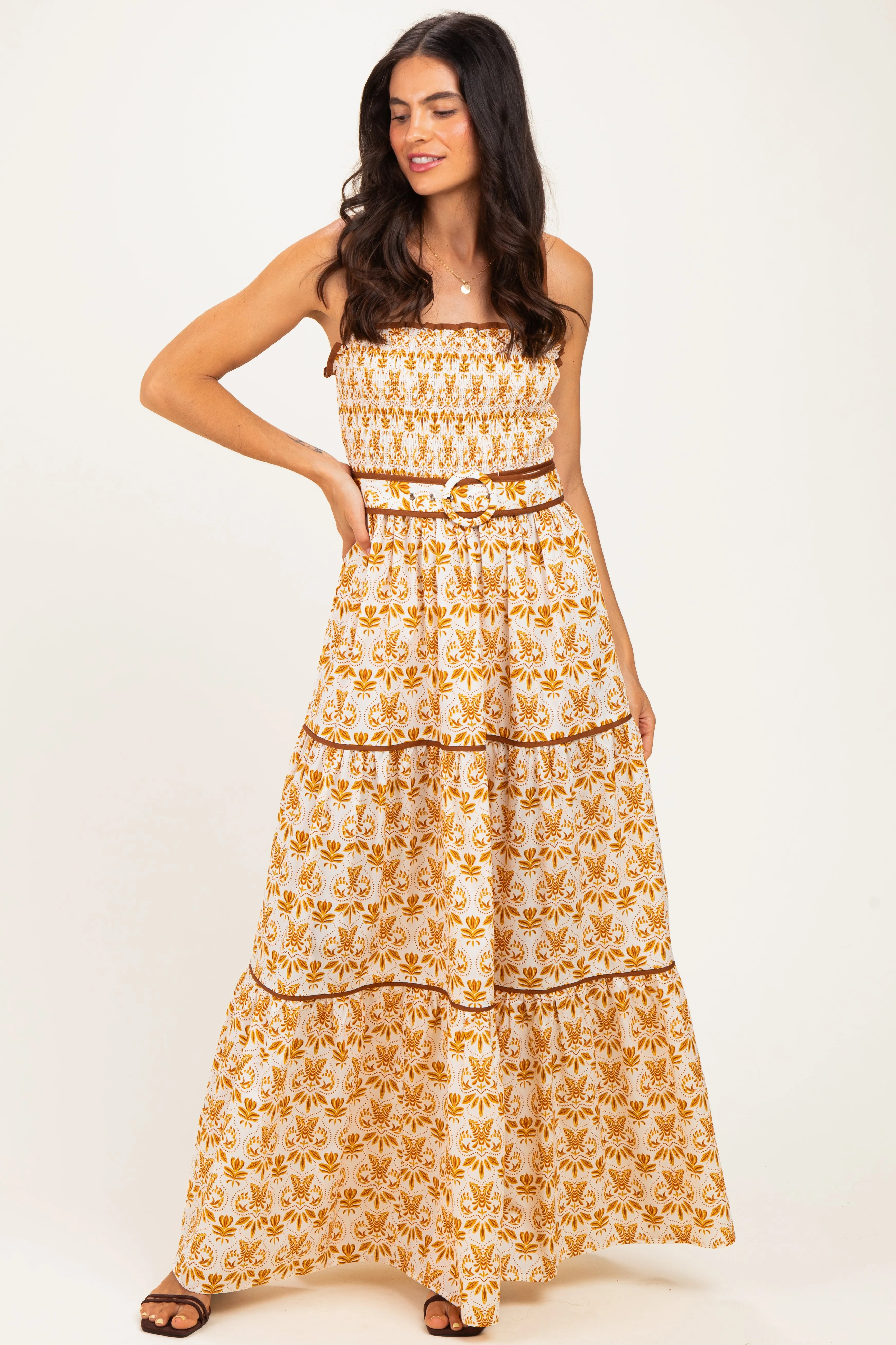 Camel Printed Smocked Maxi Dress sold by Pinkblush