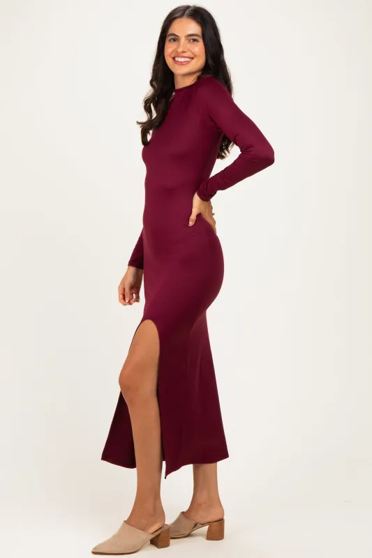 Burgundy Mock Neck Front Slit Long Sleeve Maxi Dress made by Pinkblush