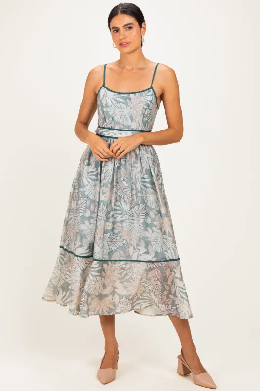 Dark Green Printed Cutout Tie Back Midi Dress made by Aakaa