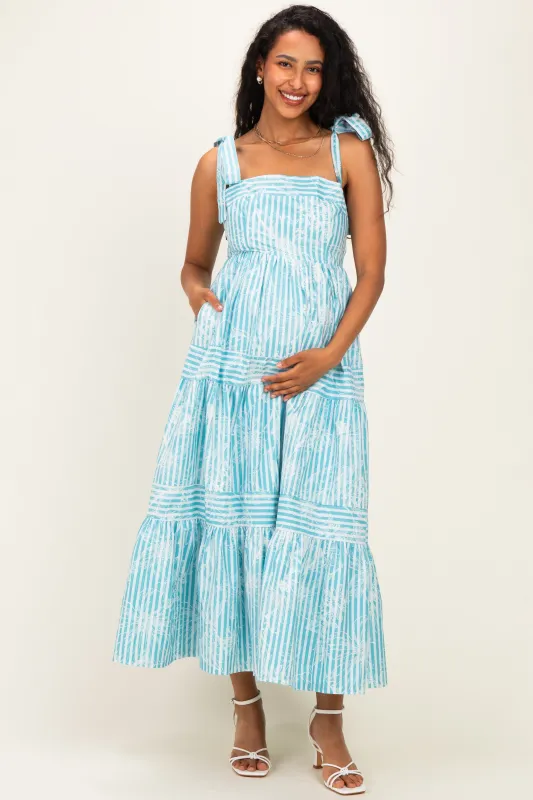 Aqua Striped Shoulder Tie Tiered Maternity Maxi Dress made by Listicle