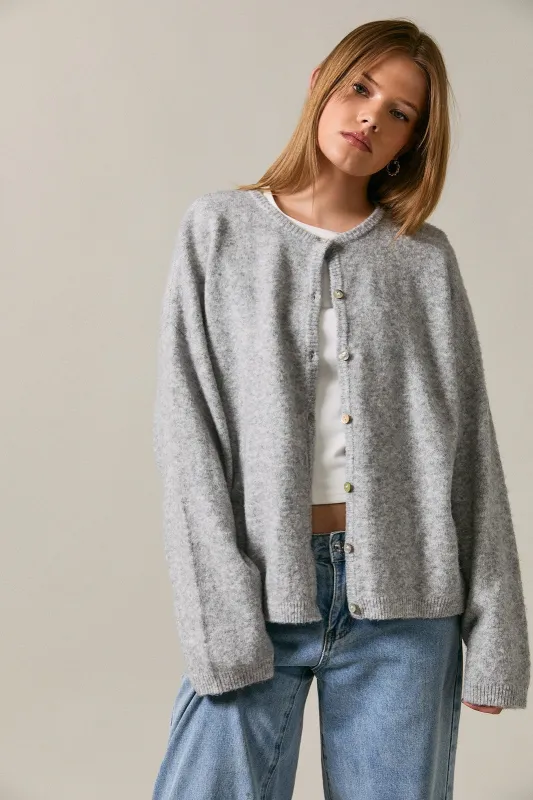 Heather Grey Long Sleeve Crew Neck Cardigan made by Le Lis