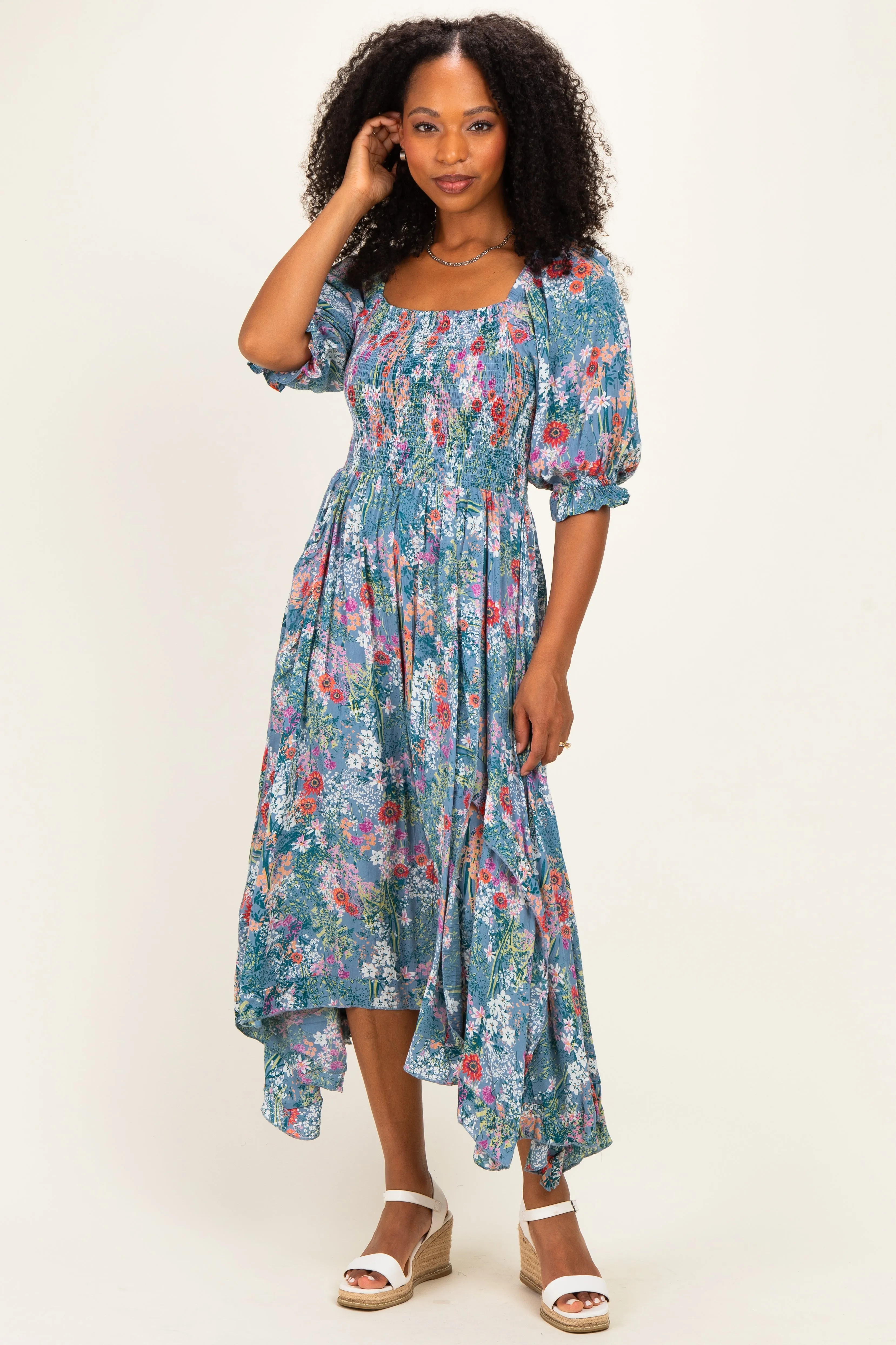 Sage Floral Smocked Handkerchief Hem Maternity Midi Dress sold by Pinkblush product image thumbnail 4