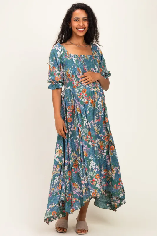 Sage Floral Smocked Handkerchief Hem Maternity Midi Dress made by Angie