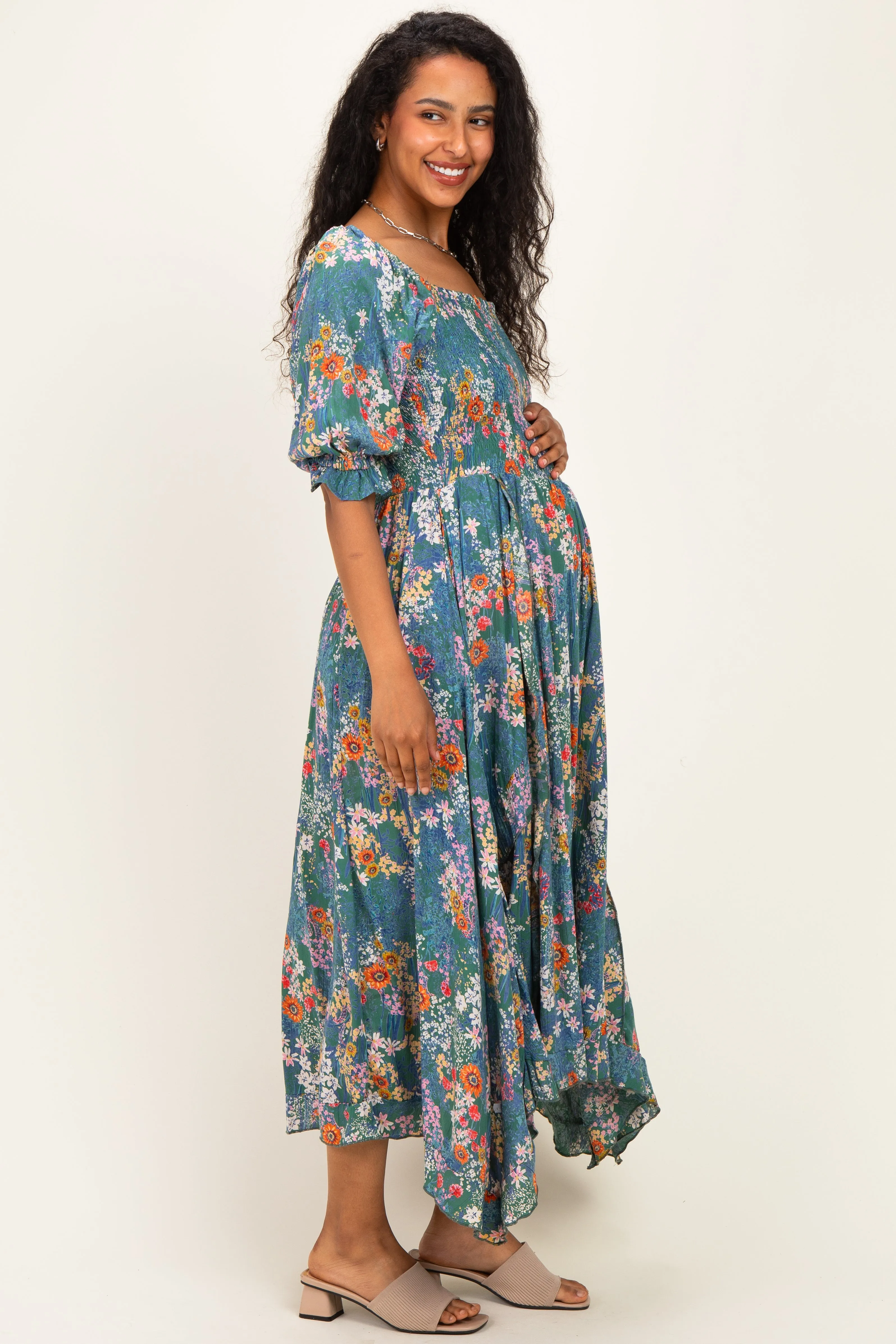 Sage Floral Smocked Handkerchief Hem Maternity Midi Dress sold by Pinkblush product image thumbnail 2