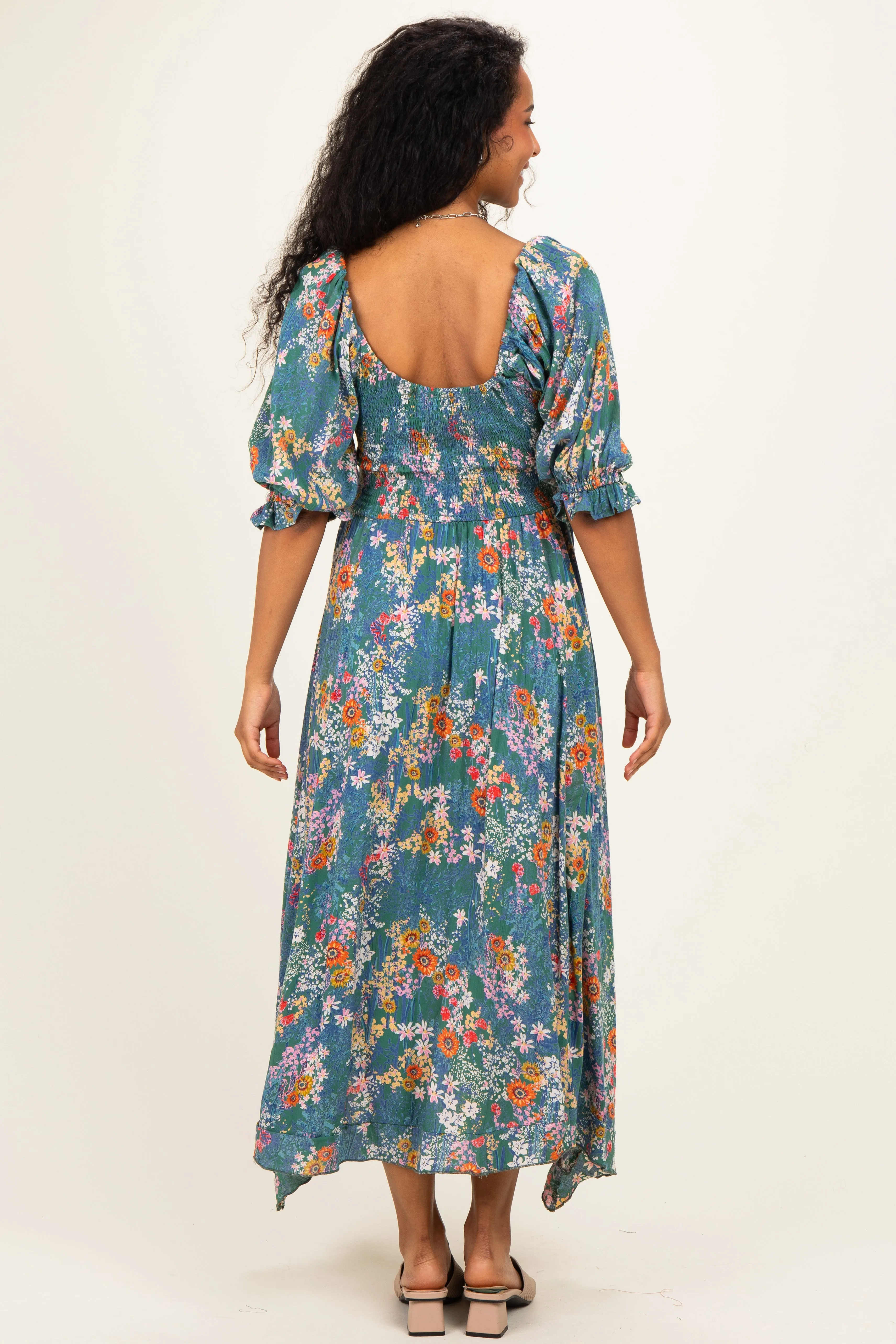 Sage Floral Smocked Handkerchief Hem Maternity Midi Dress sold by Pinkblush product image thumbnail 3