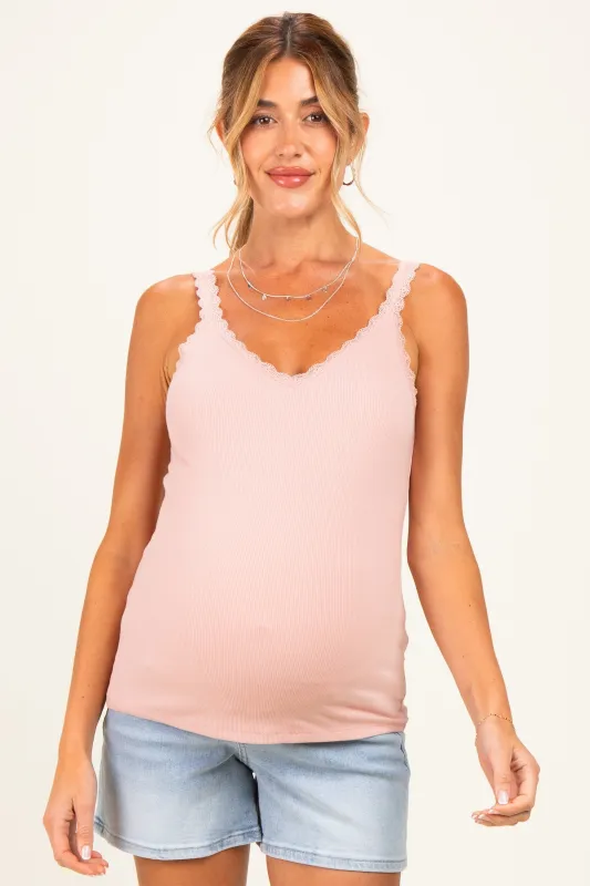 Blush Lace Trim Detail Ribbed Maternity Knit Tank Top made by Pinkblush