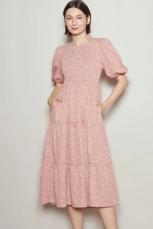 Coral Rose Floral Puff Sleeve Tiered Midi Dress made by Pinkblush