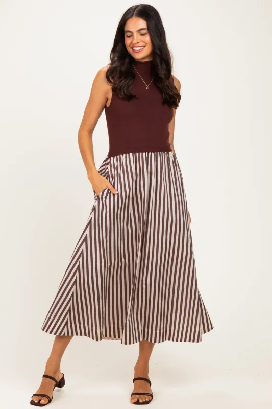 Brown Sleeveless Mock Neck Contrast Striped Skirt Midi Dress made by entro