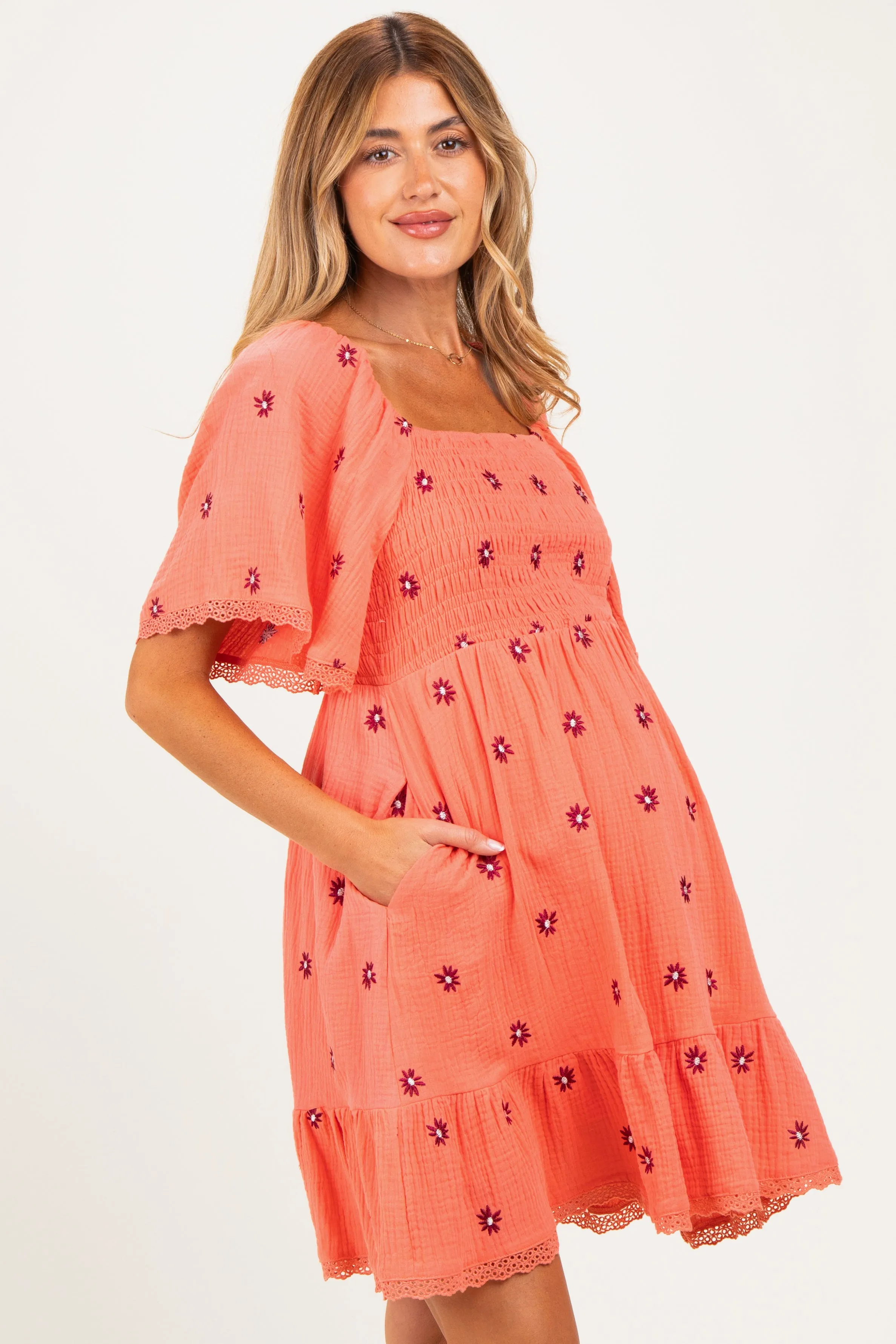 Light Orange Floral Embroidered Smocked Maternity Dress sold by Pinkblush product image thumbnail 3