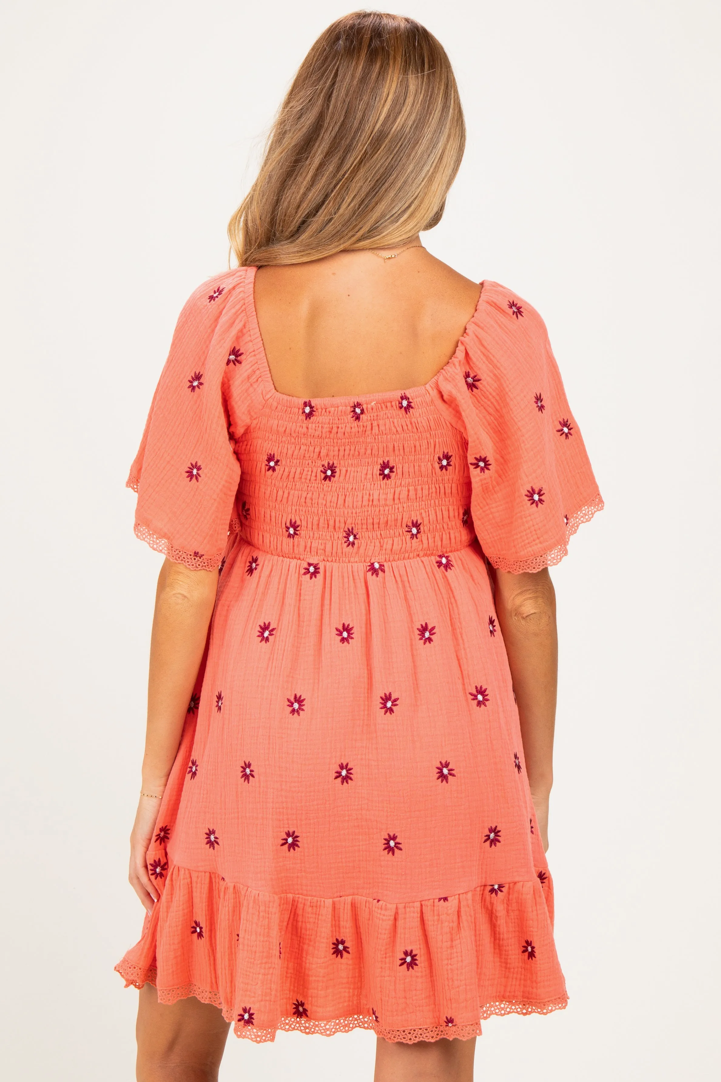 Light Orange Floral Embroidered Smocked Maternity Dress sold by Pinkblush product image thumbnail 4