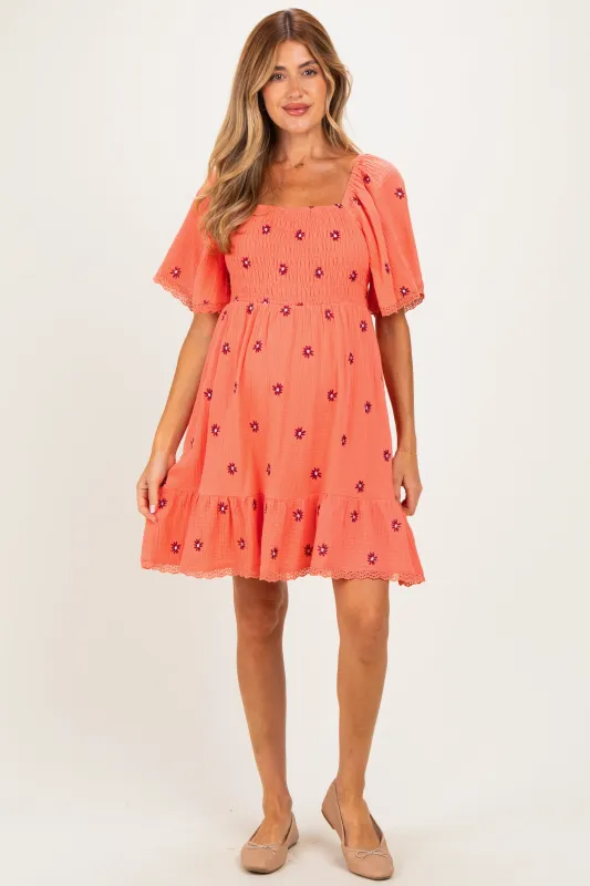 Light Orange Floral Embroidered Smocked Maternity Dress made by Jnna