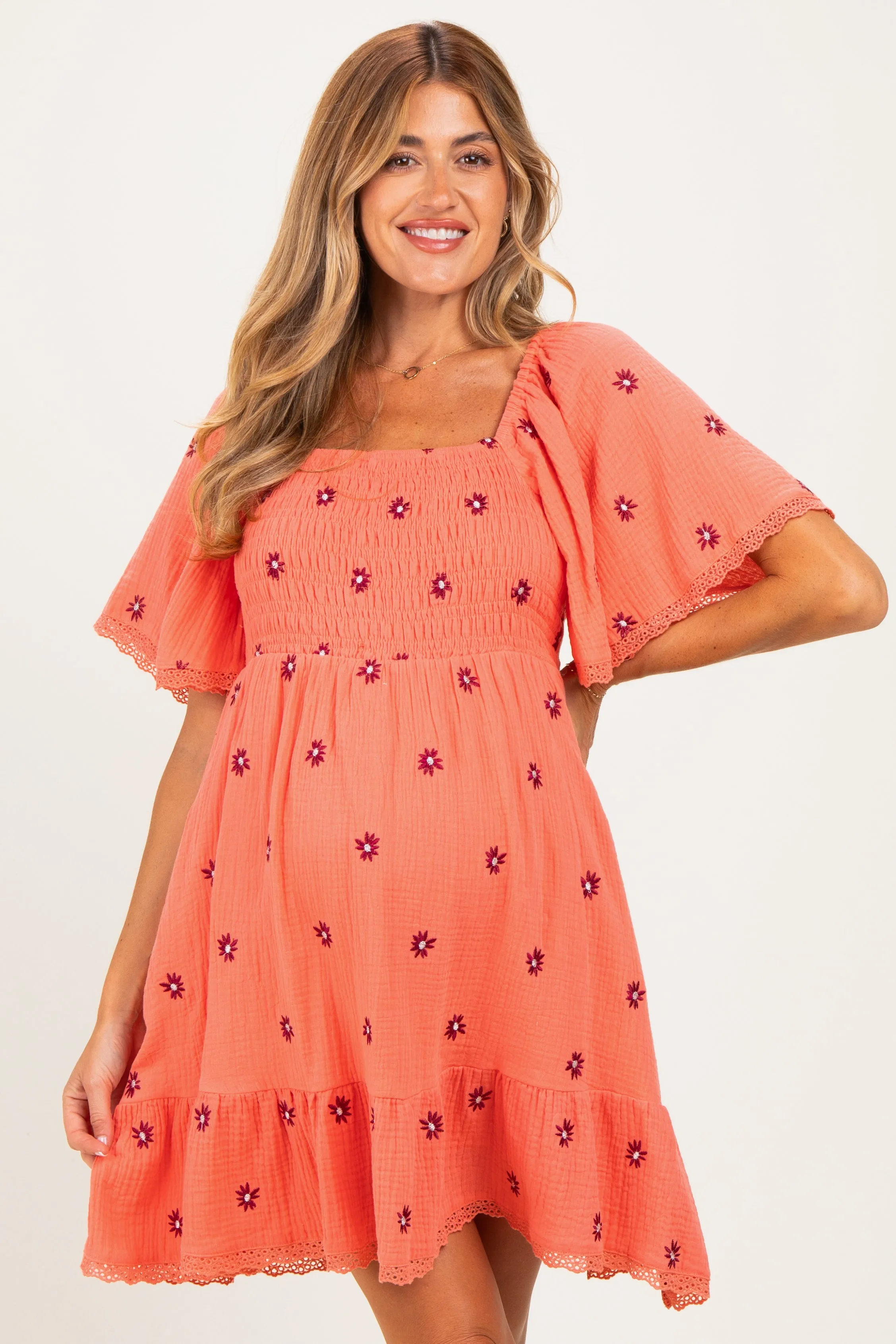 Light Orange Floral Embroidered Smocked Maternity Dress sold by Pinkblush product image thumbnail 2