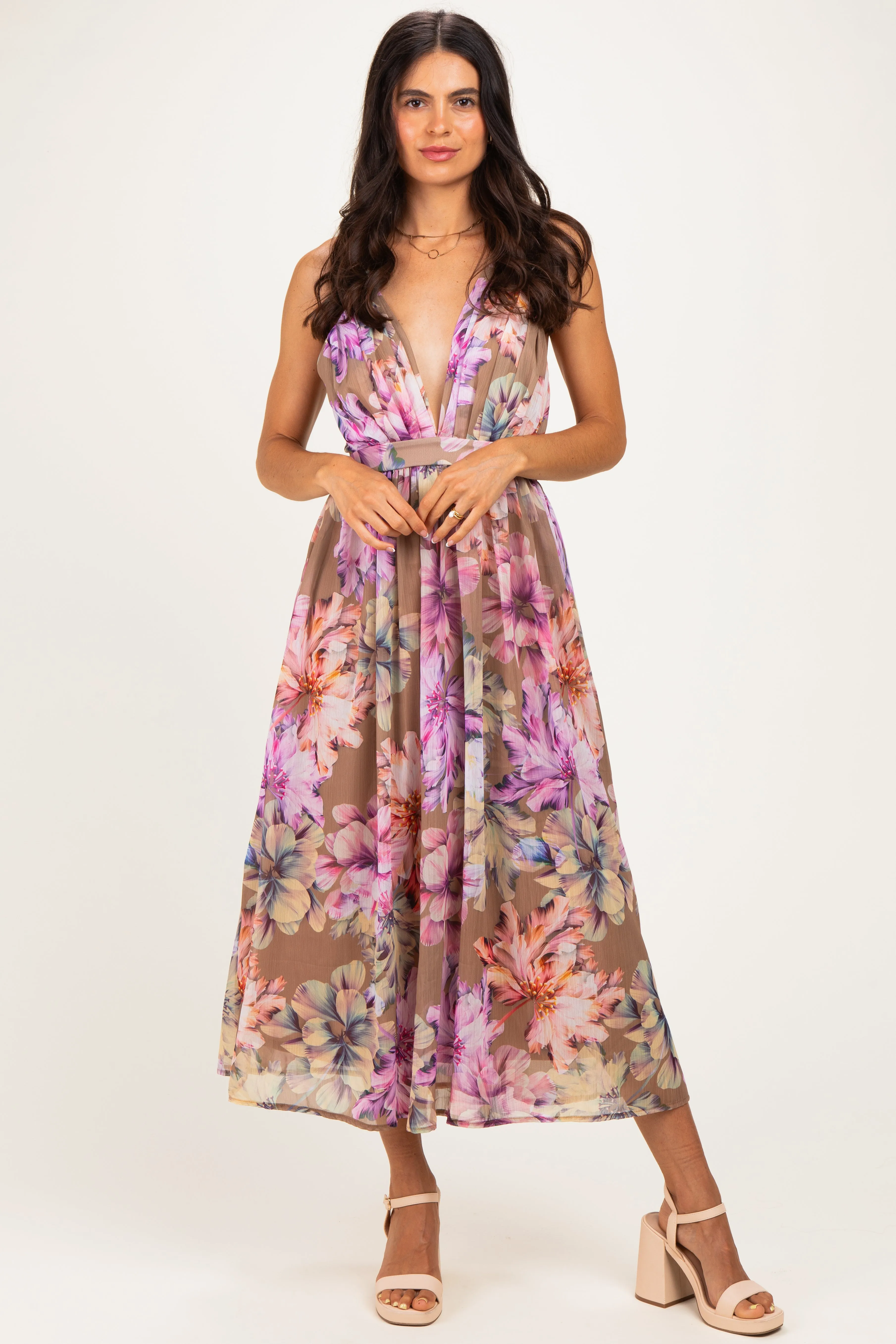 Tan Floral Open Back Midi Dress sold by Pinkblush