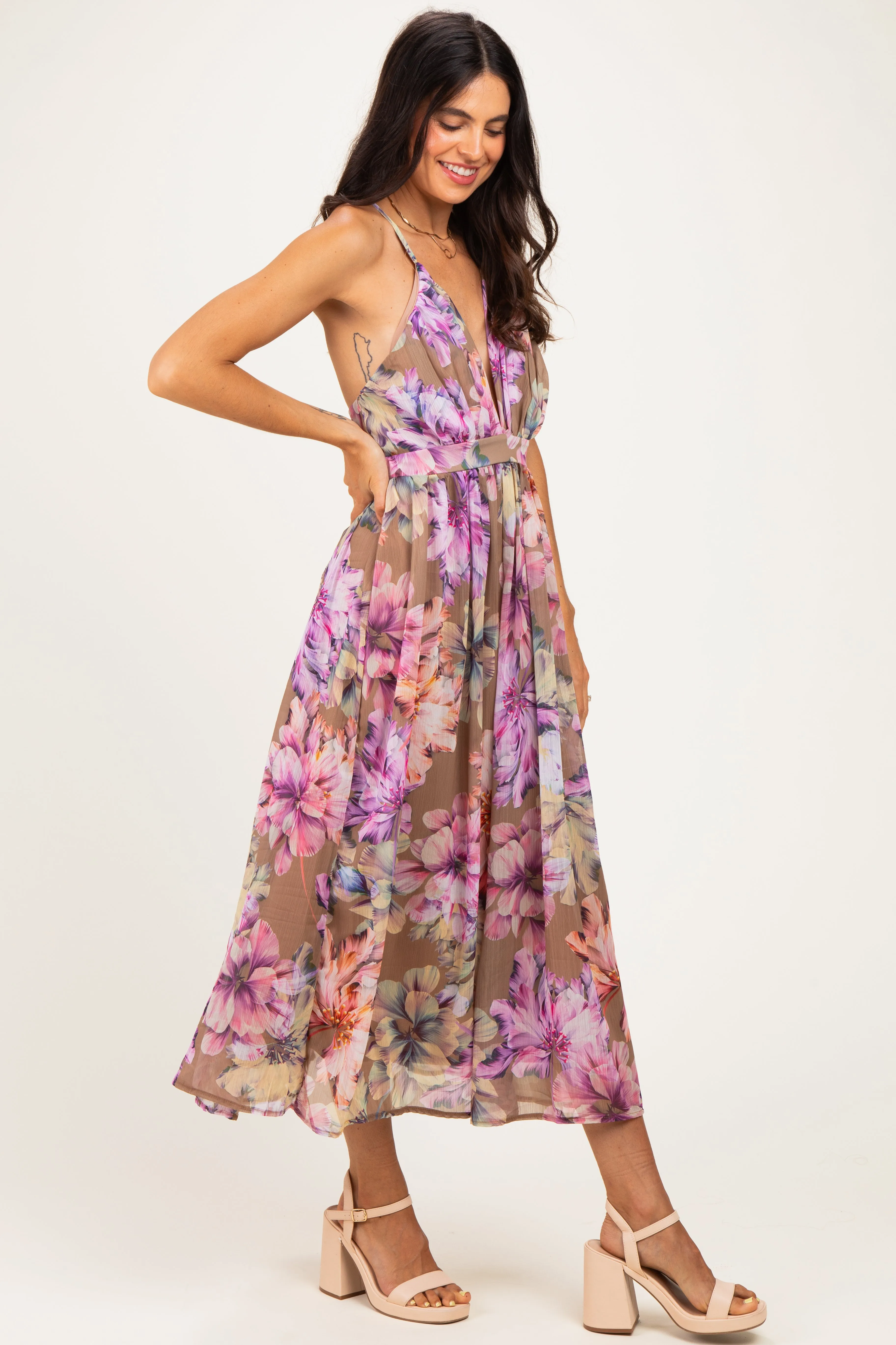 Tan Floral Open Back Midi Dress sold by Pinkblush product image thumbnail 2