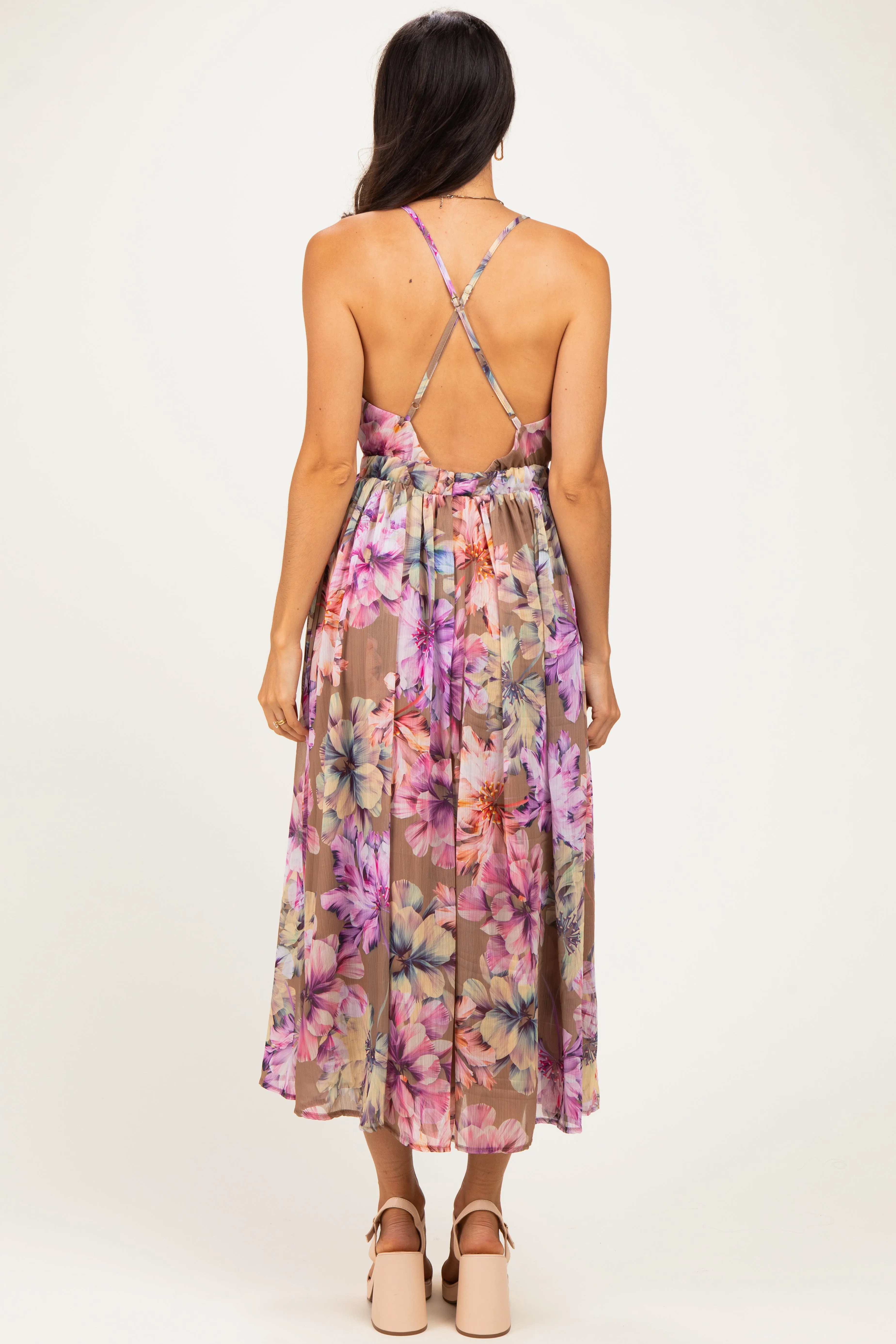 Tan Floral Open Back Midi Dress sold by Pinkblush product image thumbnail 3