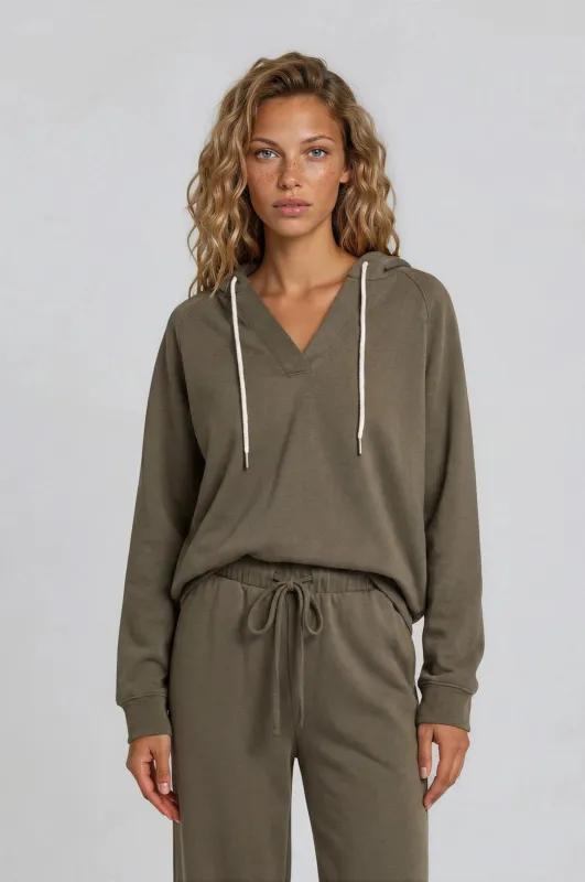 Olive V-Neck Long Sleeve Drawstring Hoodie made by Gilli