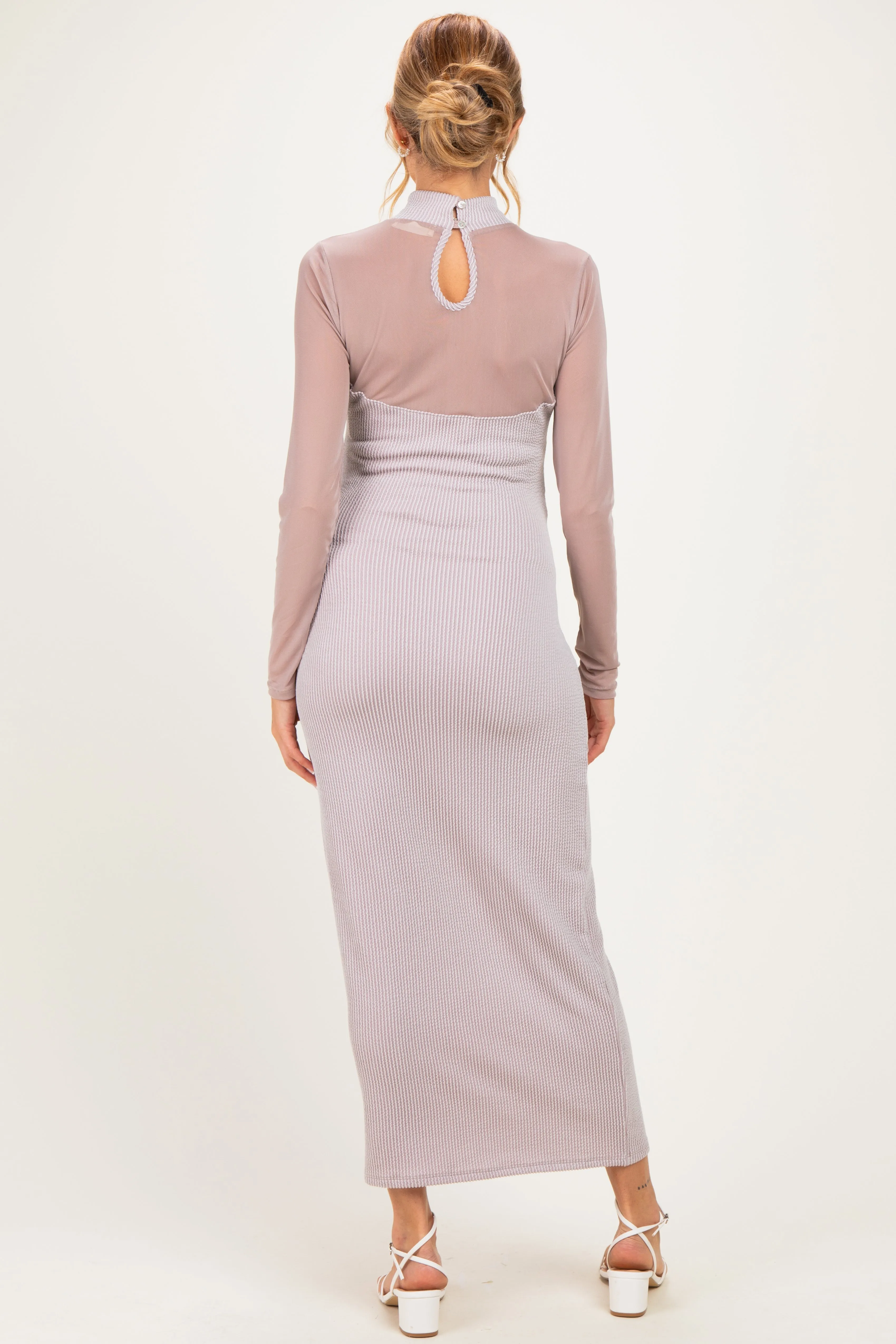 Beige Ribbed Knit Mock Neck Long Sleeve Maternity Maxi Dress sold by Pinkblush product image thumbnail 3
