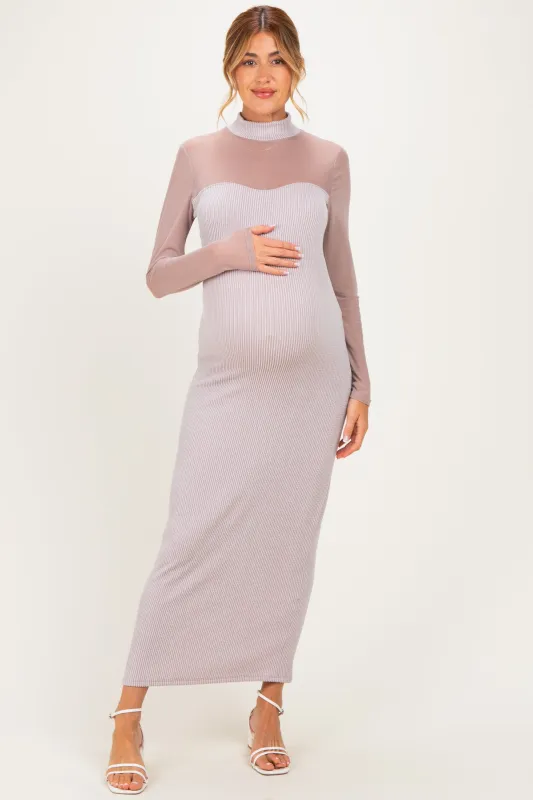 Beige Ribbed Knit Mock Neck Long Sleeve Maternity Maxi Dress made by Pinkblush