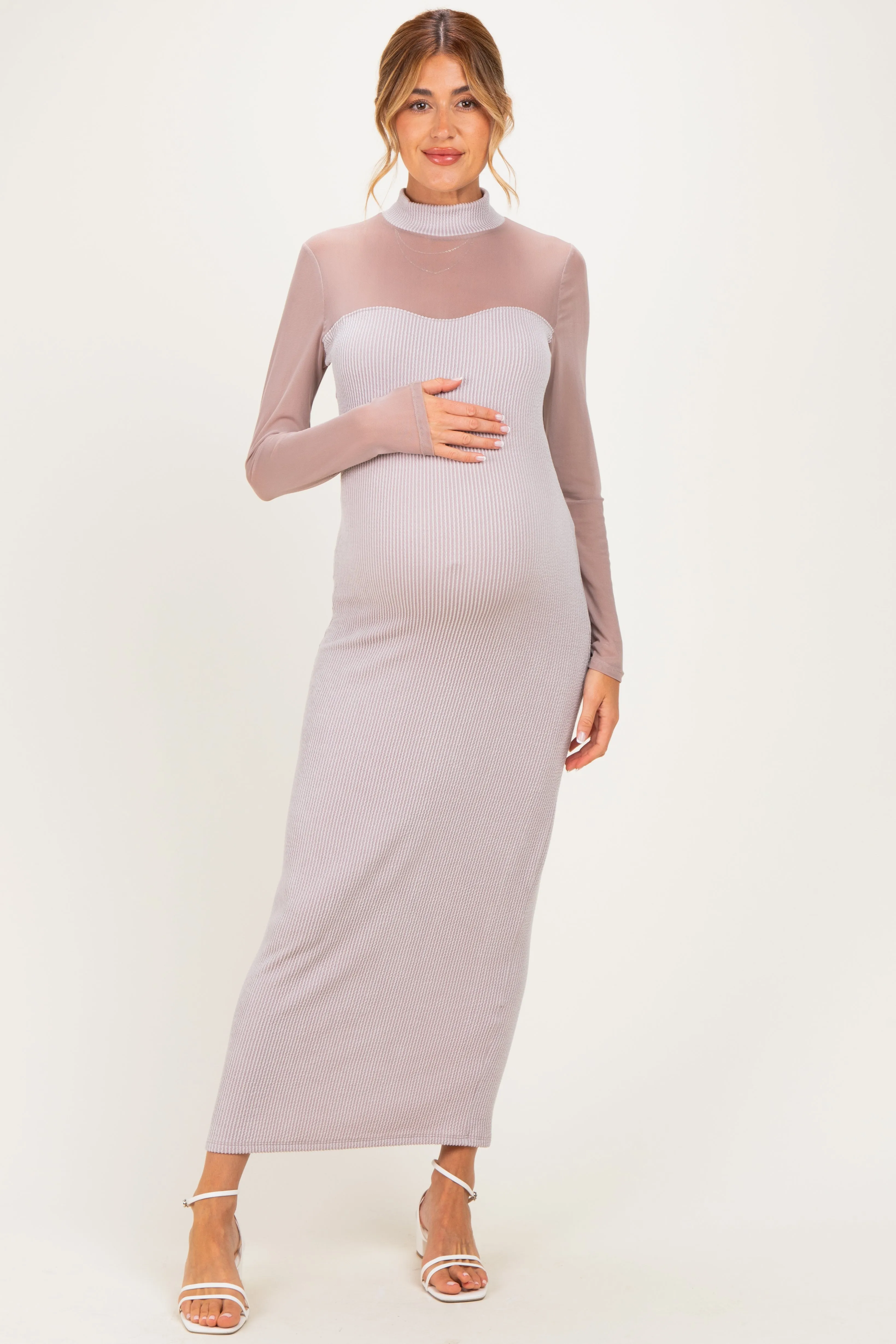 Beige Ribbed Knit Mock Neck Long Sleeve Maternity Maxi Dress sold by Pinkblush